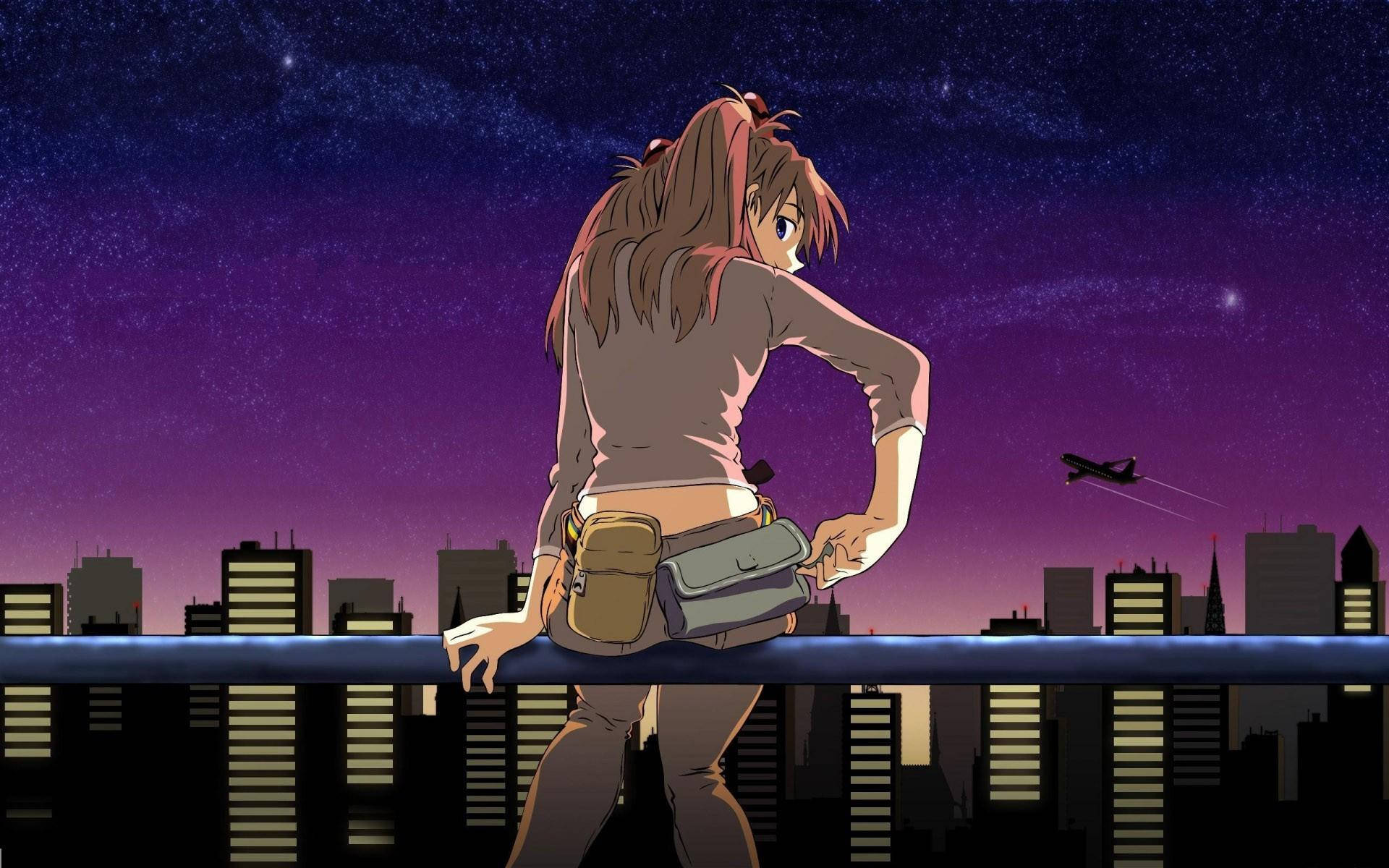動漫女孩在屋頂上俯瞰夜晚的城市，星空下