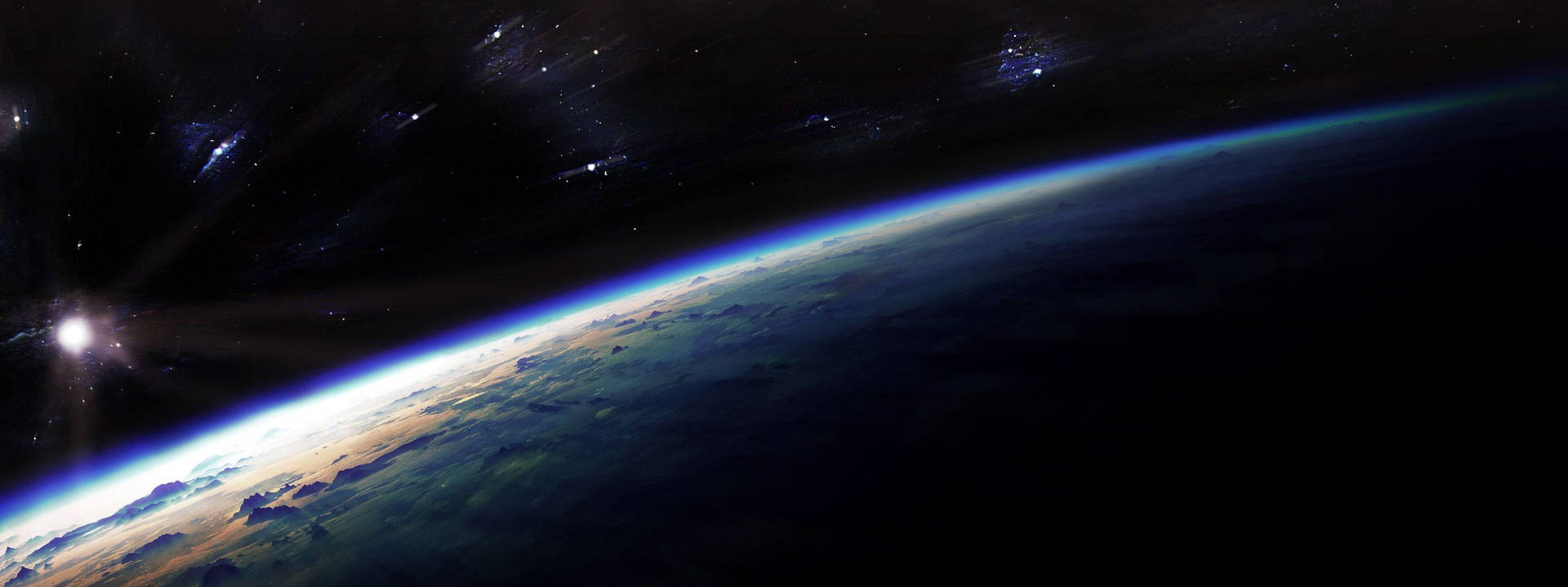 從太空看地球，大氣發光，星空閃爍。