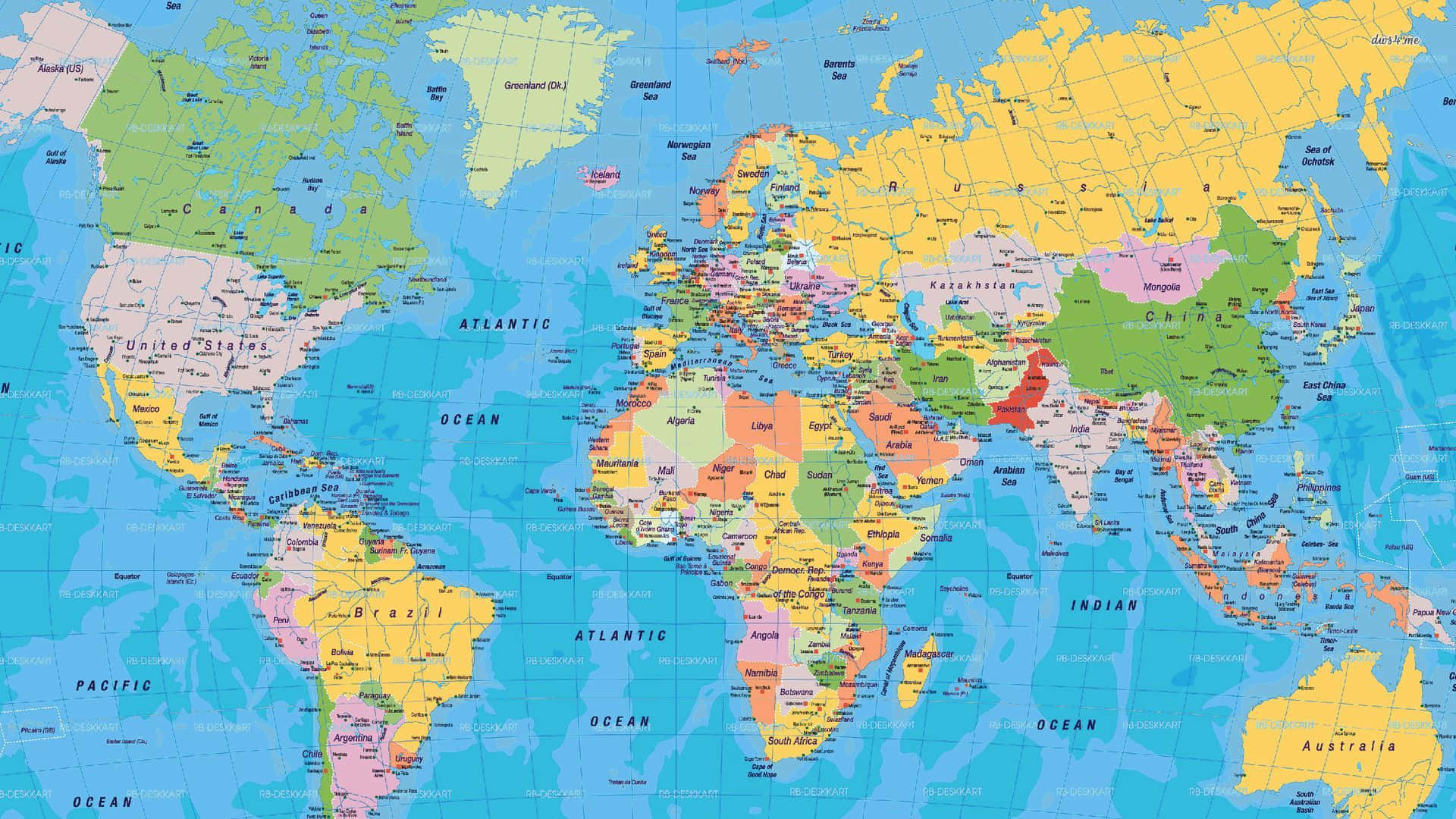 色彩繽紛的世界地圖，顯示大洲、國家和海洋，帶有網格線。