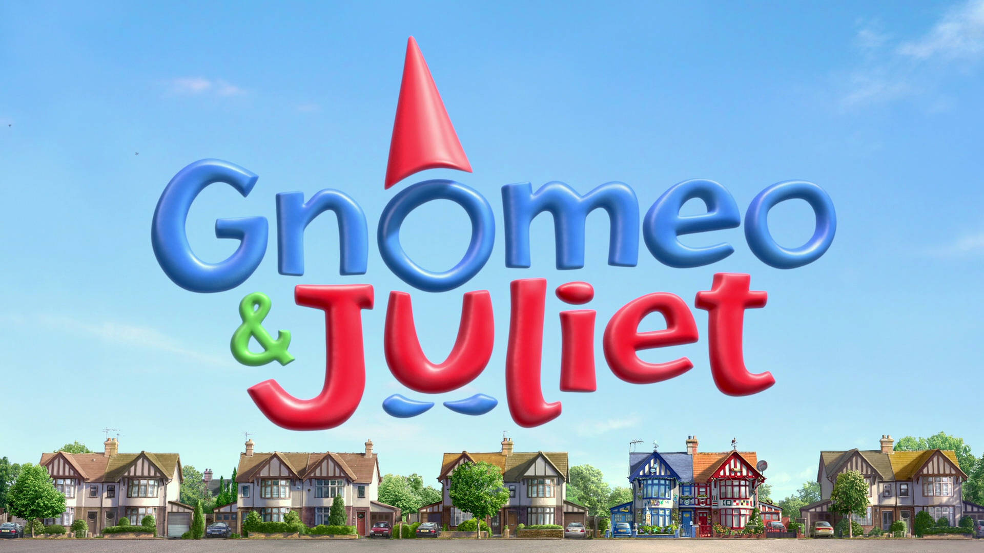 Gnomeo & Juliet 電影標題，背景有色彩繽紛的房屋