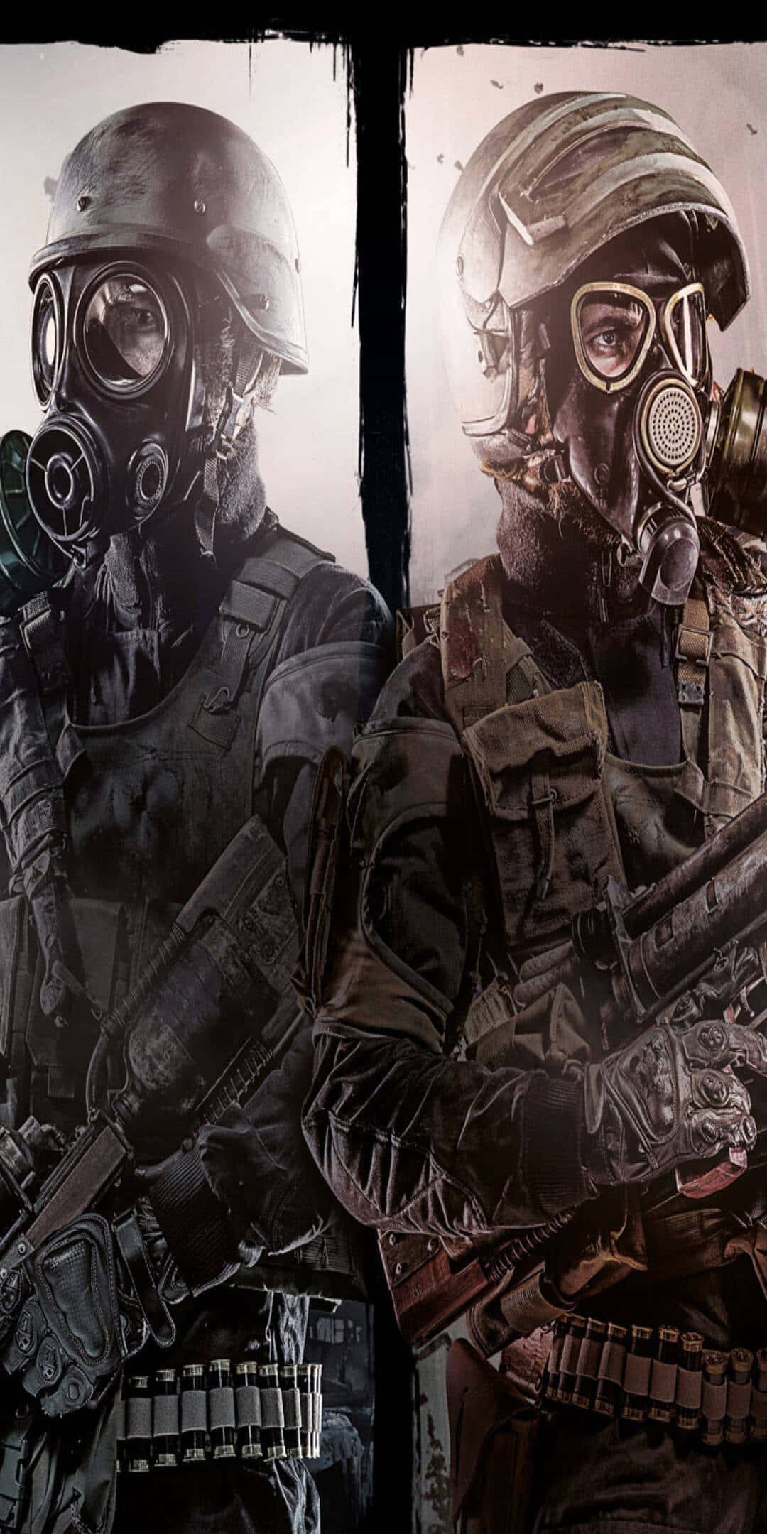 《地鐵 2033》的神秘氛圍 - 像素 3 壁紙 — 兩名戴著粗糙防毒面具和戰術裝備的士兵並肩站在一個 stark、高對比的戰區中。