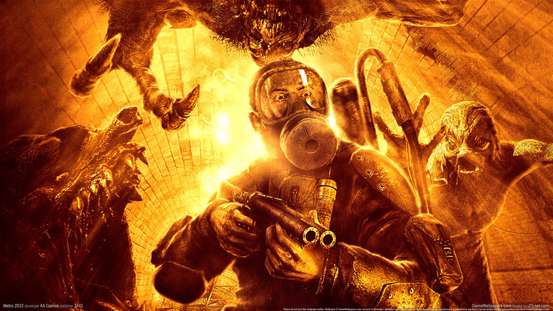 戴著防毒面具的士兵在燃燒的地下隧道中與怪物般的生物戰鬥。