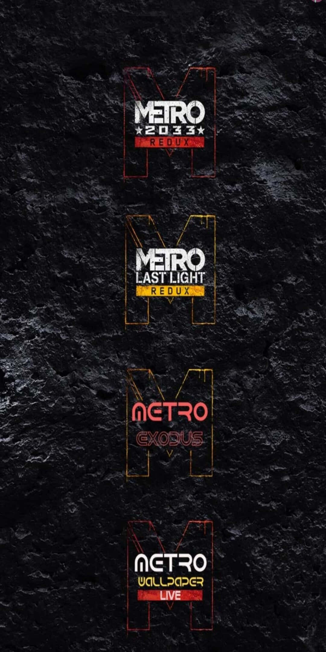 《地鐵2033》經典遊戲畫面於Pixel 3螢幕呈現 壁紙 — 四個發光的 Metro 遊戲標誌垂直堆疊在深色紋理背景上。