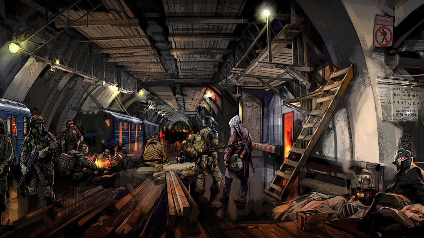 《地鐵2033》遊戲的神秘場景 壁紙 — 士兵們在一個光線昏暗、佈滿碎片的車站休息和移動，燈光閃爍，並有俄語標誌。