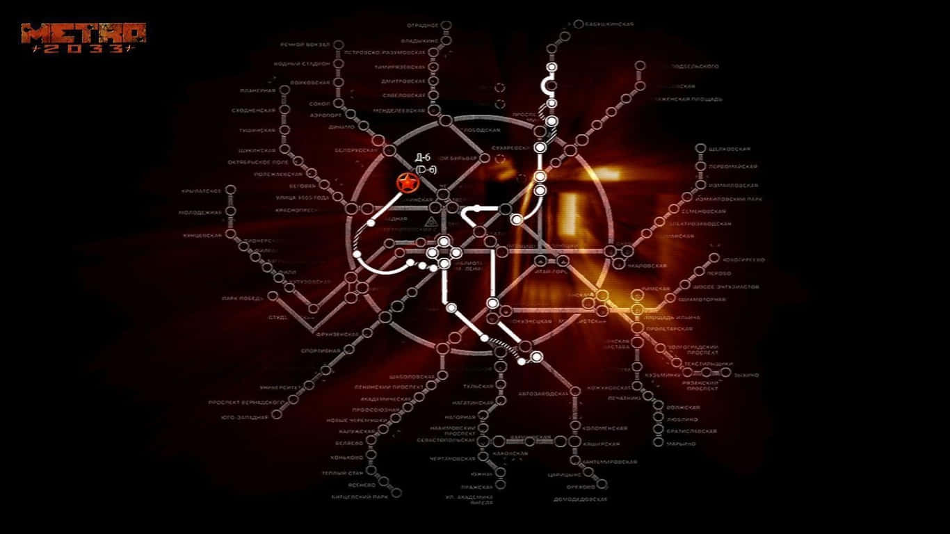 《地鐵2033》——體驗末日世界 壁紙 — 來自《地鐵2033》的發光地鐵路線圖，在黑暗背景上散發出火熱的橙色亮點。
