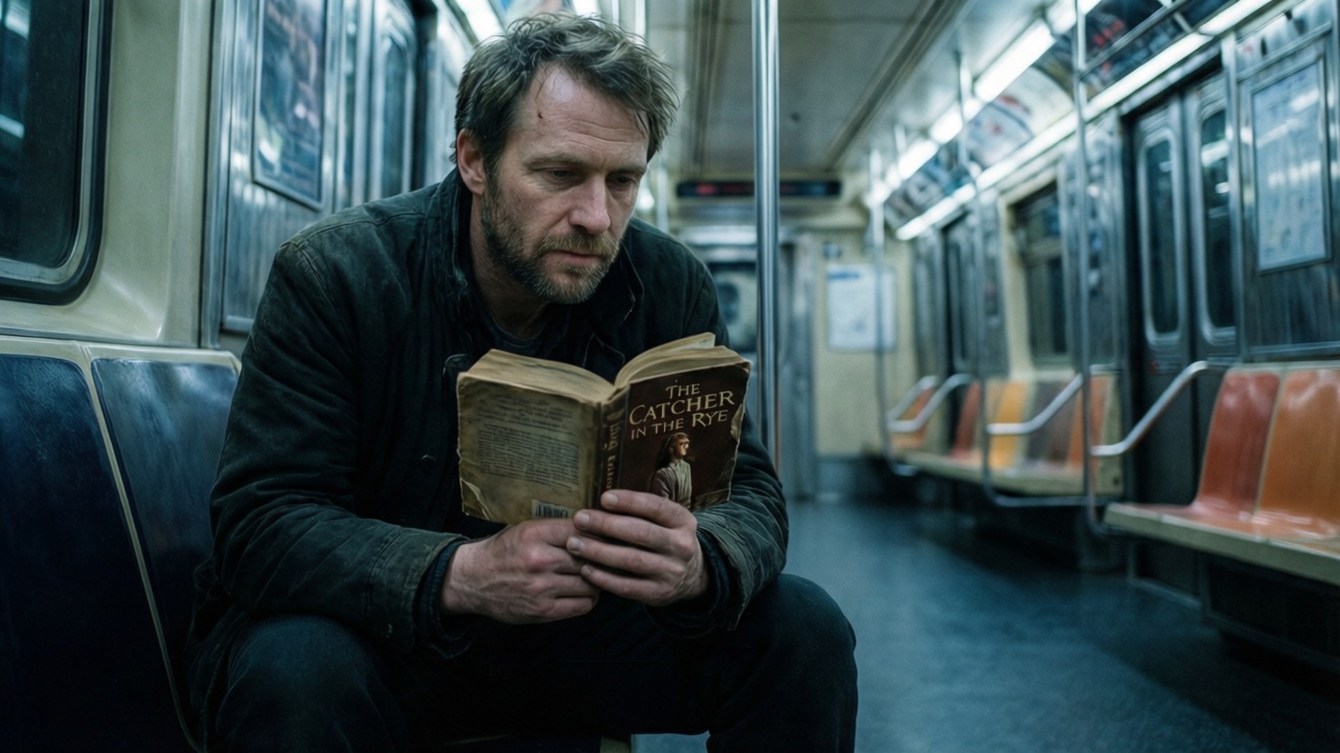 一個男人在昏暗的地鐵座位上閱讀一本書。