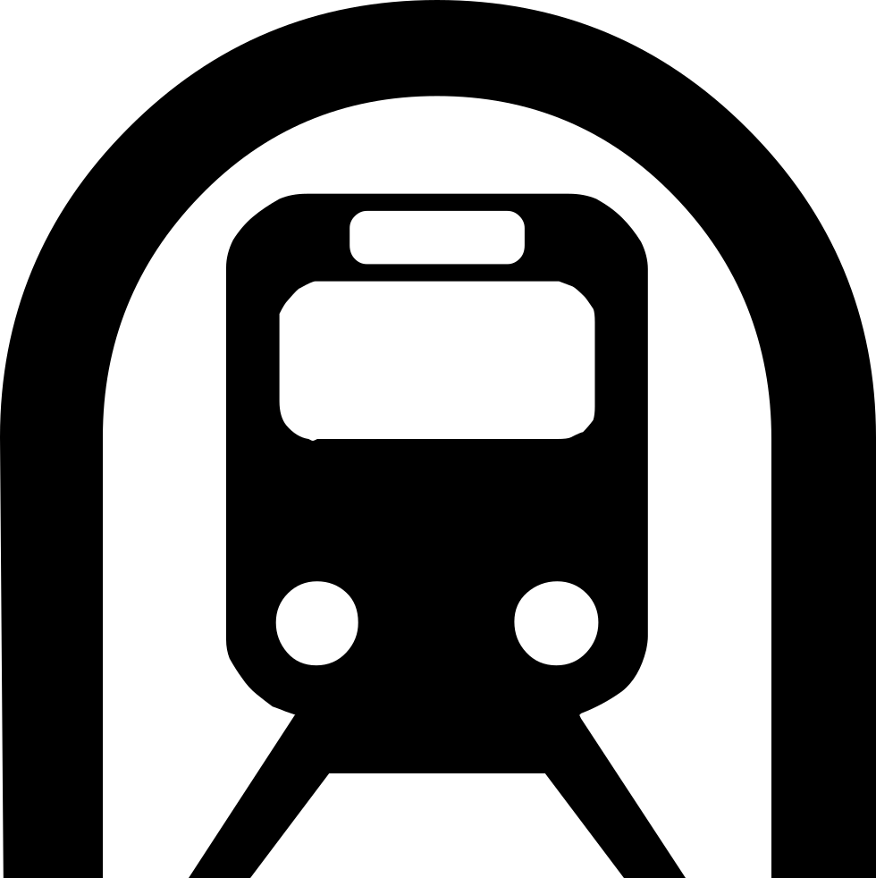 地鐵列車圖標剪影 壁紙 — 白色背景上，從隧道拱門中駛出的火車的極簡黑色剪影。