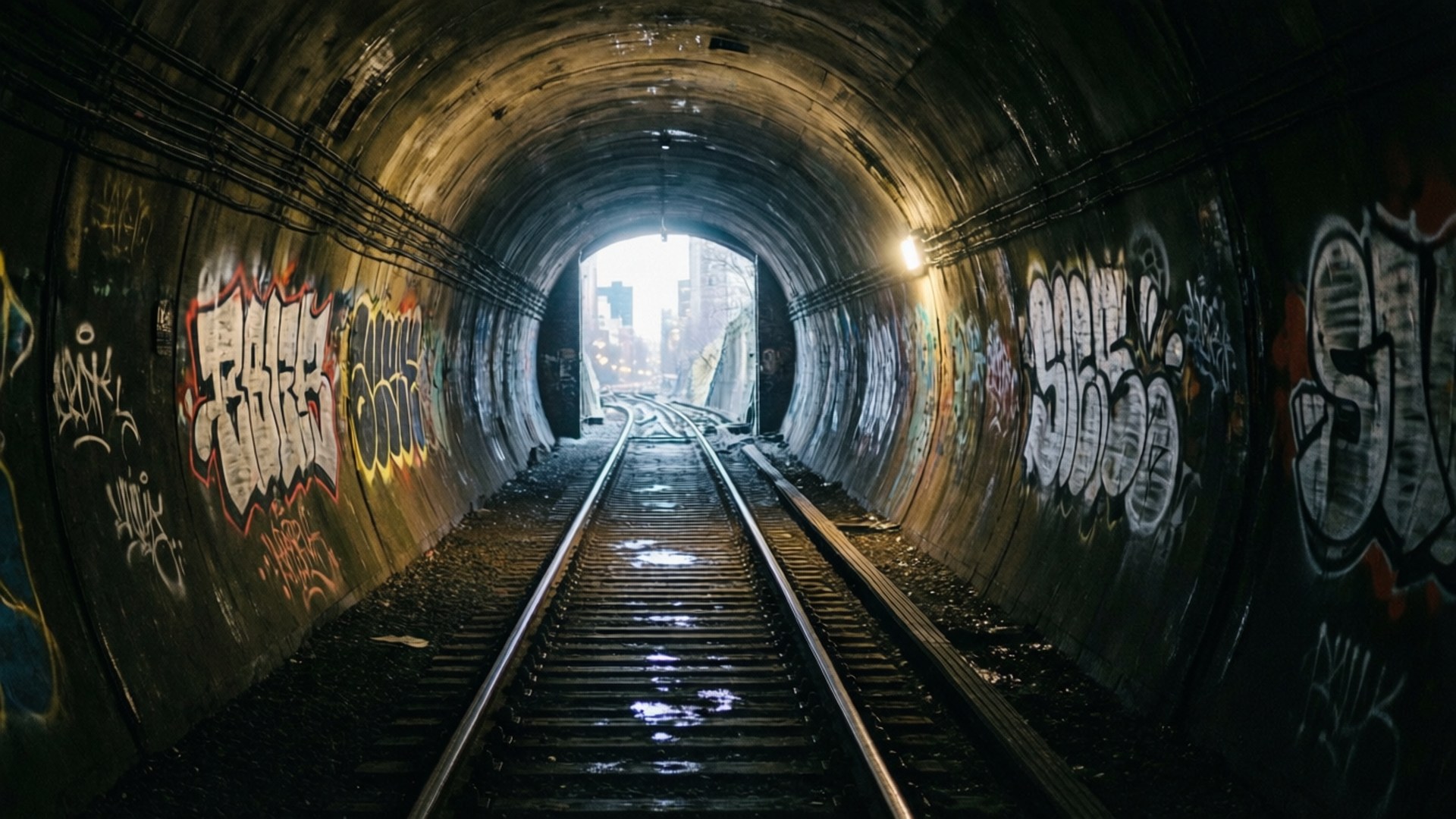地鐵通往城市 壁紙 — 一條黑暗、佈滿塗鴉的地鐵隧道，濕漉漉的火車軌道通向出口處明亮的城市景觀。