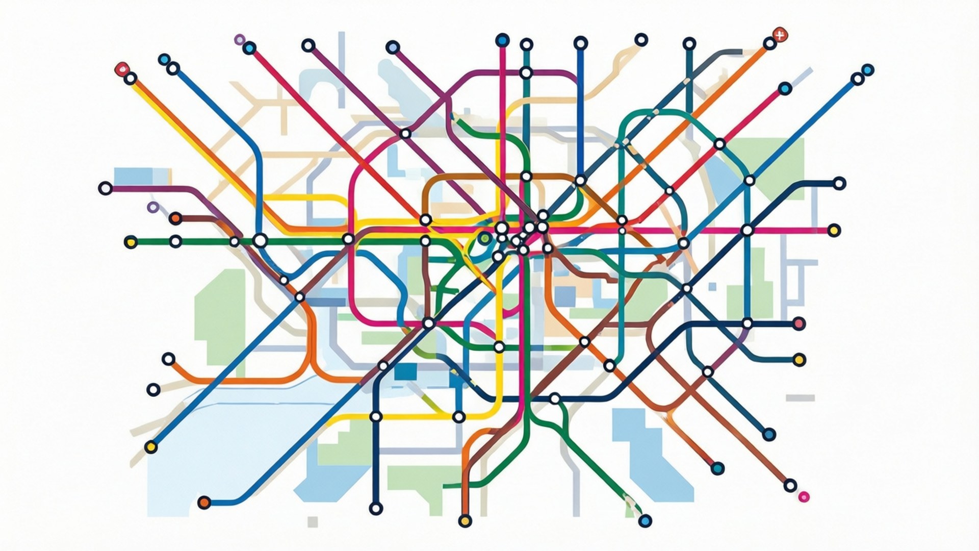 色彩繽紛的抽象地鐵圖，車站和線路在城市輪廓上。