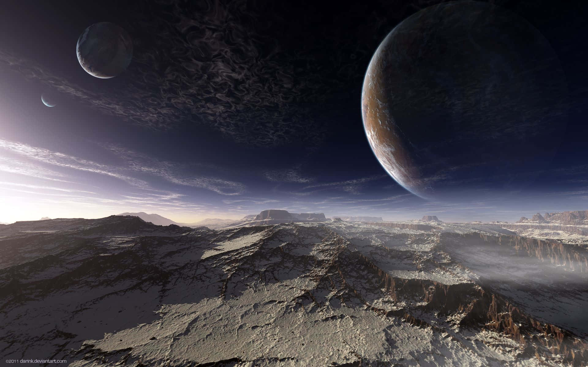 外星岩石地形，暮色天空中可見三顆行星。