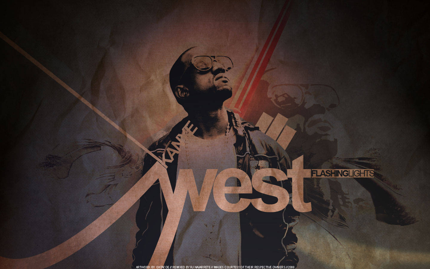 坎耶·威斯特《Flashing Lights》專輯封面 壁紙 — Kanye West 戴眼鏡和穿夾克的風格化肖像，背景為有紋理的深色背景，帶有紅色光條和他的名字大文字。