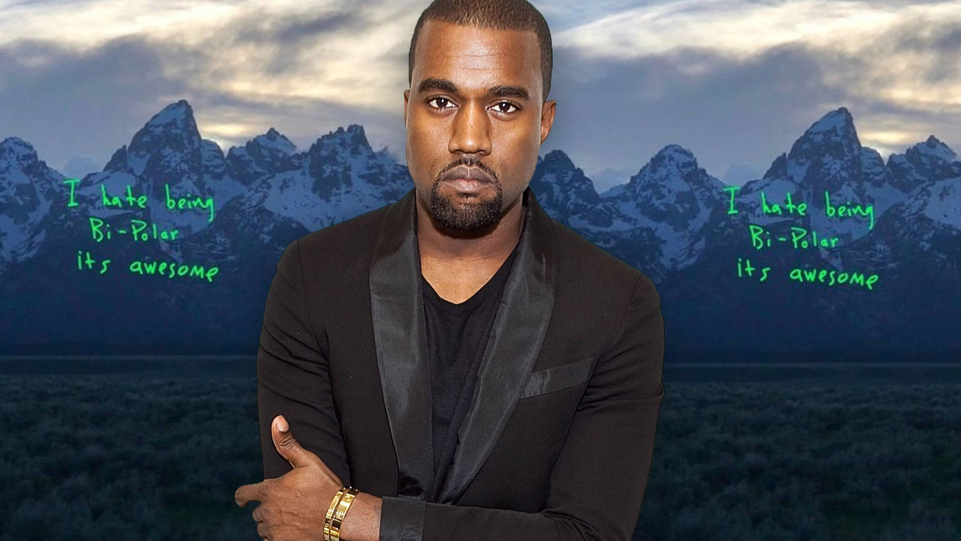 Kanye West 身穿黑色西裝，以雪山為背景，疊加綠色文字