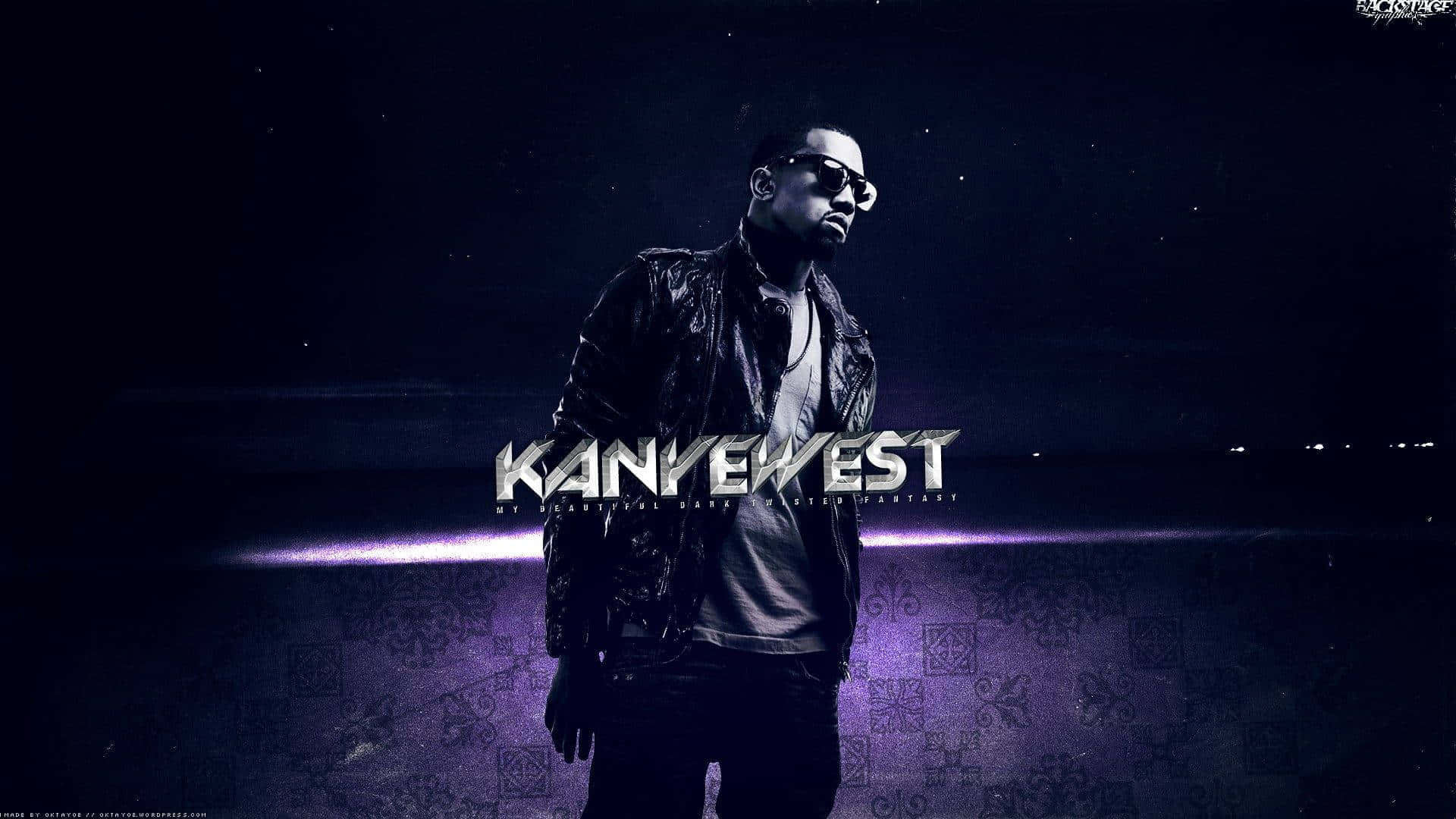 Kanye West 戴太陽眼鏡和皮夾克，在紫色光芒下，他的名字以金屬質感文字呈現。