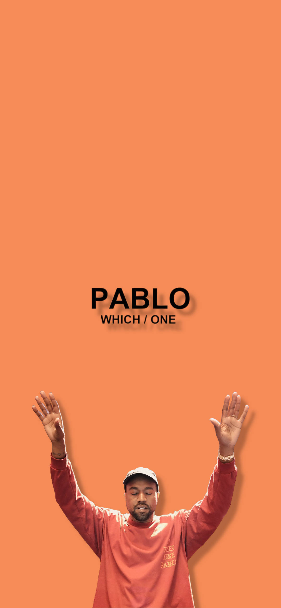 坎耶·威斯特Pablo Which One 壁紙 — Kanye West 身穿紅色衛衣，雙臂高舉，背景為純橙色，帶有 'PABLO' 文字。