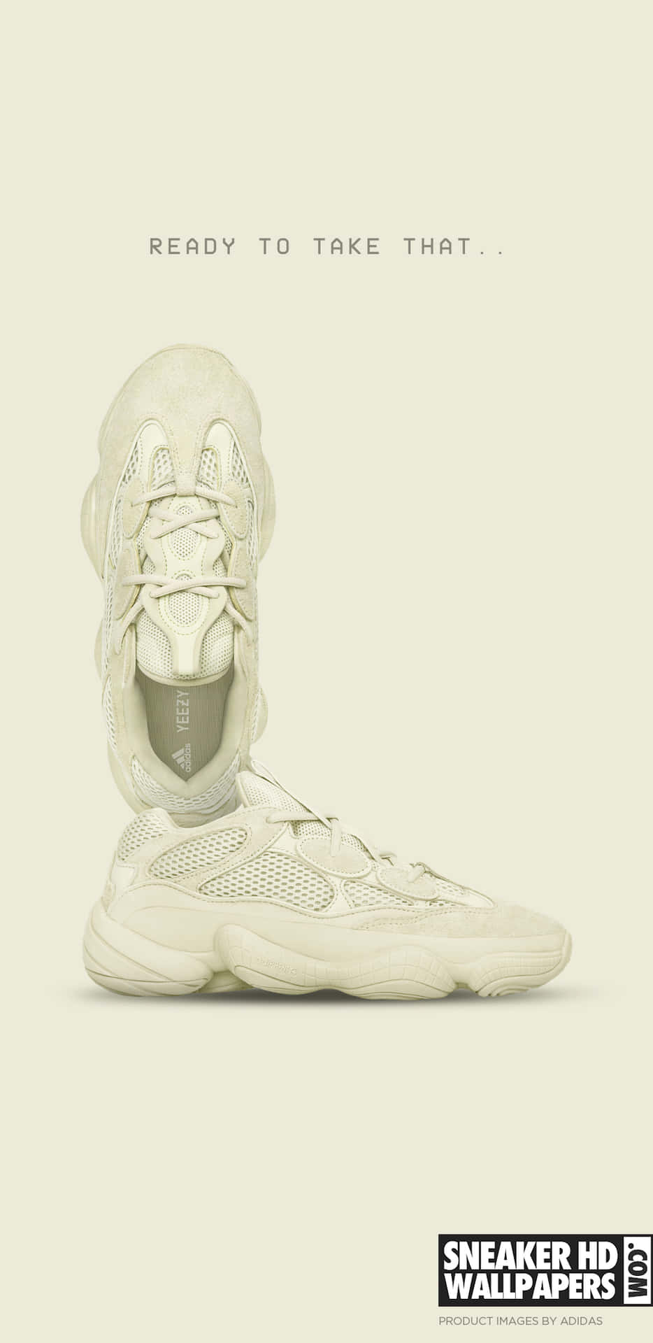 兩對米白色Yeezy運動鞋垂直堆疊，上方有文字。