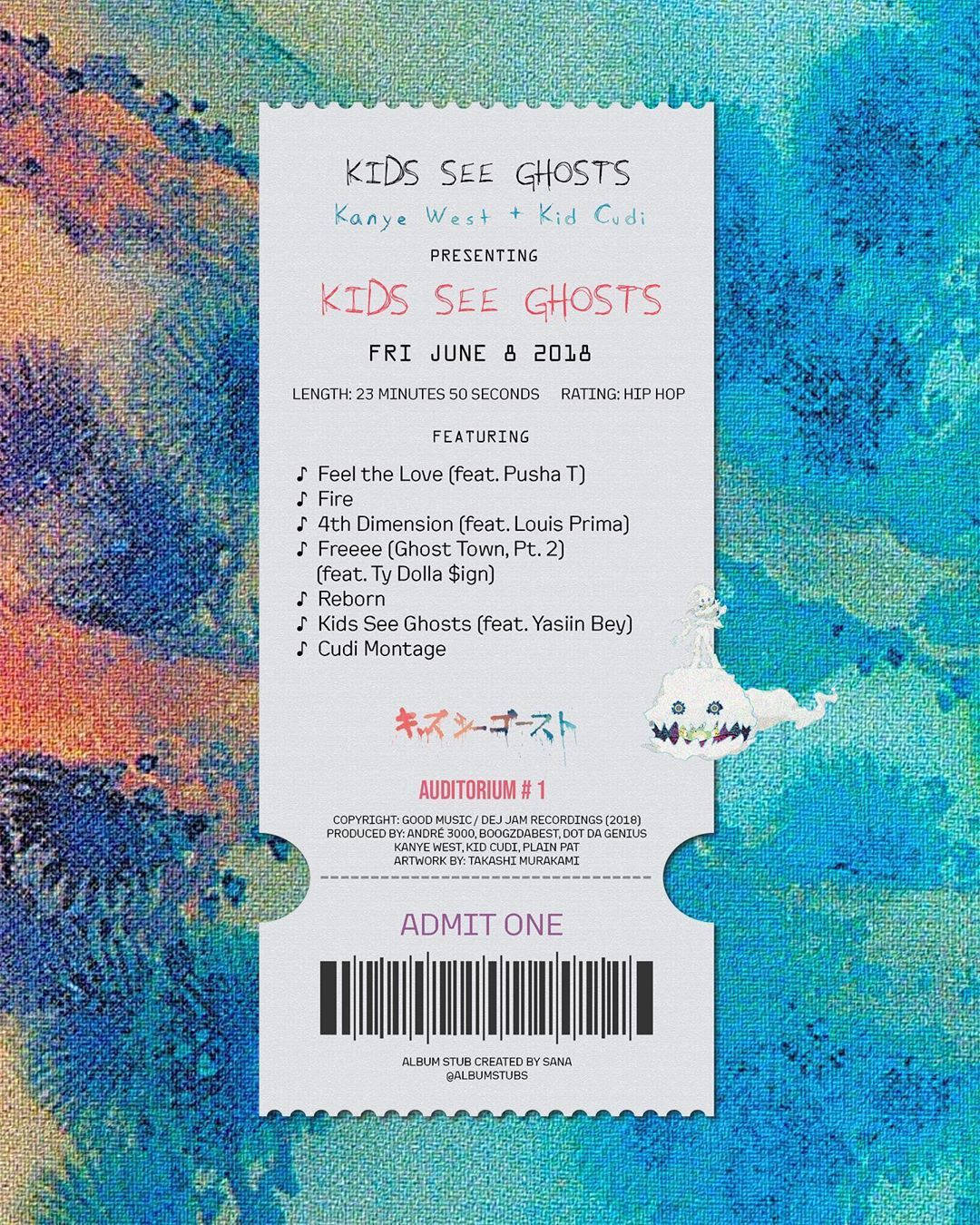 Kanye West 和 Kid Cudi 的 Kids See Ghosts 專輯存根門票，帶有彩色抽象背景。