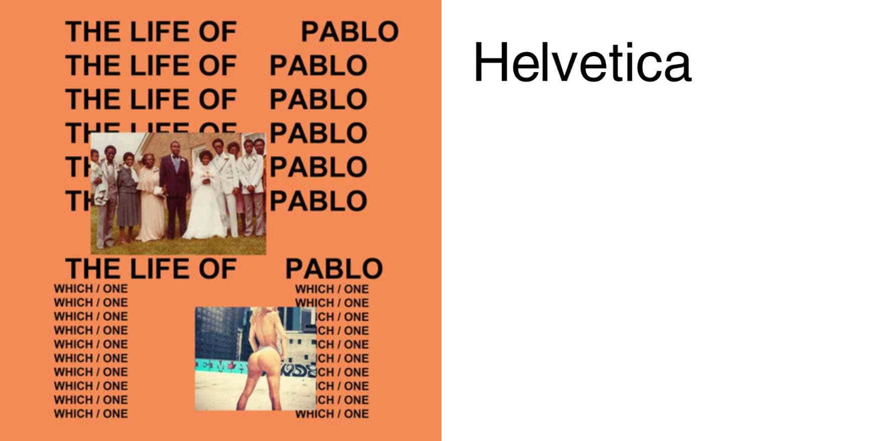 坎耶·威斯特出席《The Life Of Pablo》首映 壁紙 — 大膽的橙色背景，帶有重複文字和兩張照片：婚禮派對和泳池邊的裸體男子。