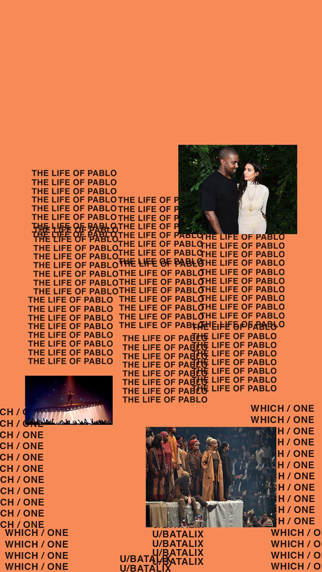 坎耶·威斯特出席《The Life Of Pablo》首映禮 壁紙 — 充滿活力的橙色牆紙，重複顯示「THE LIFE OF PABLO」和「WHICH / ONE」文字，並附有三張Kanye West和其他人的不同照片。