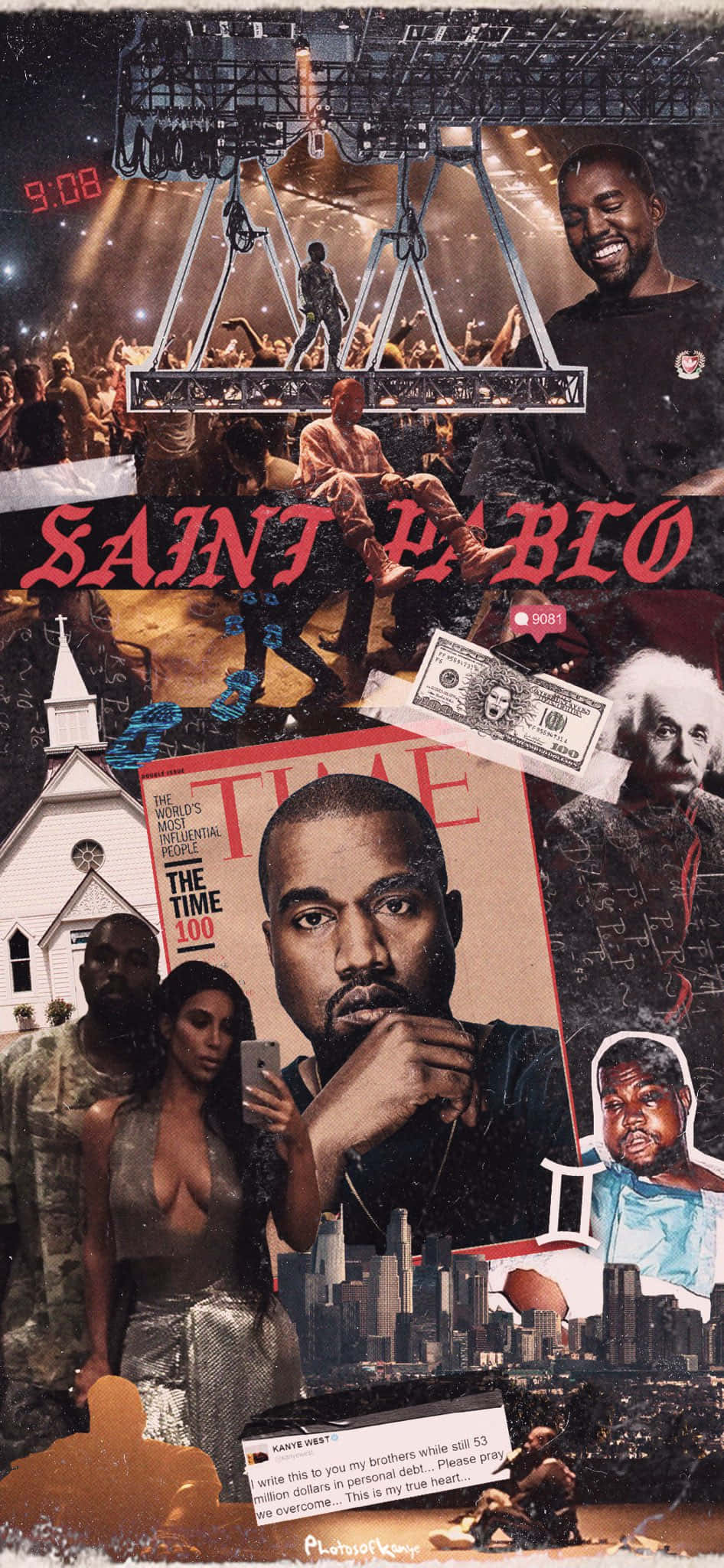 坎耶·威斯特出席《The Life Of Pablo》聆聽派對 壁紙 — 一幅充滿活力的Kanye West圖像拼貼，包括演唱會舞台、TIME雜誌封面、金錢和城市景觀。