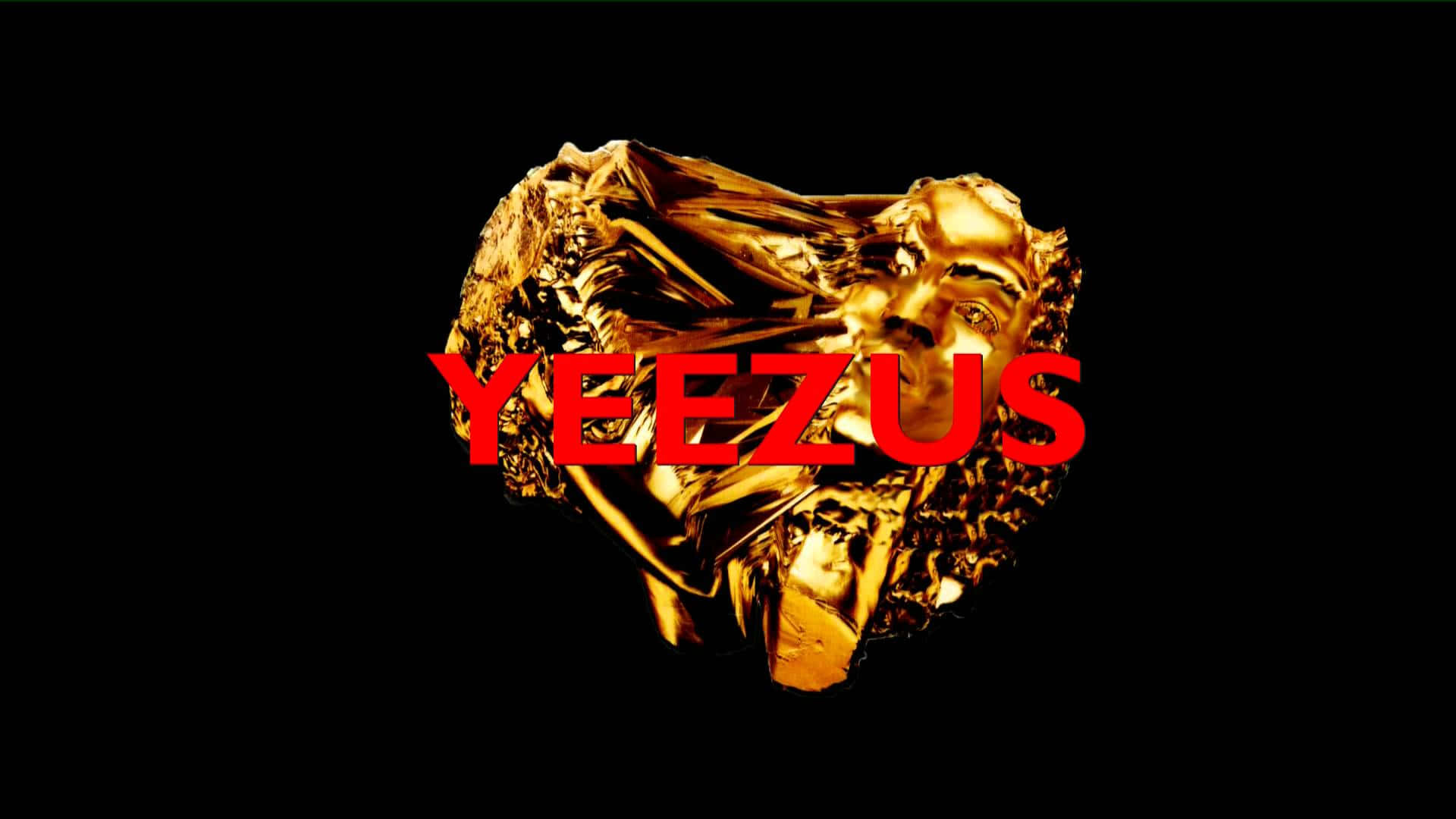 金色皺巴巴的心形，帶有臉孔和紅色YEEZUS文字，黑色背景。