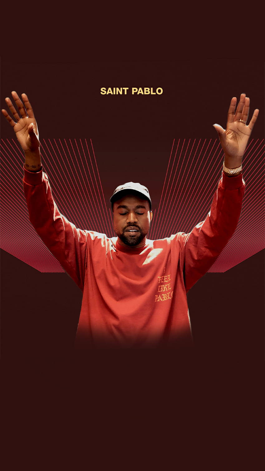 Kanye West 雙臂高舉，身穿紅色衛衣和帽子，背景為深色，帶有紅色射線。