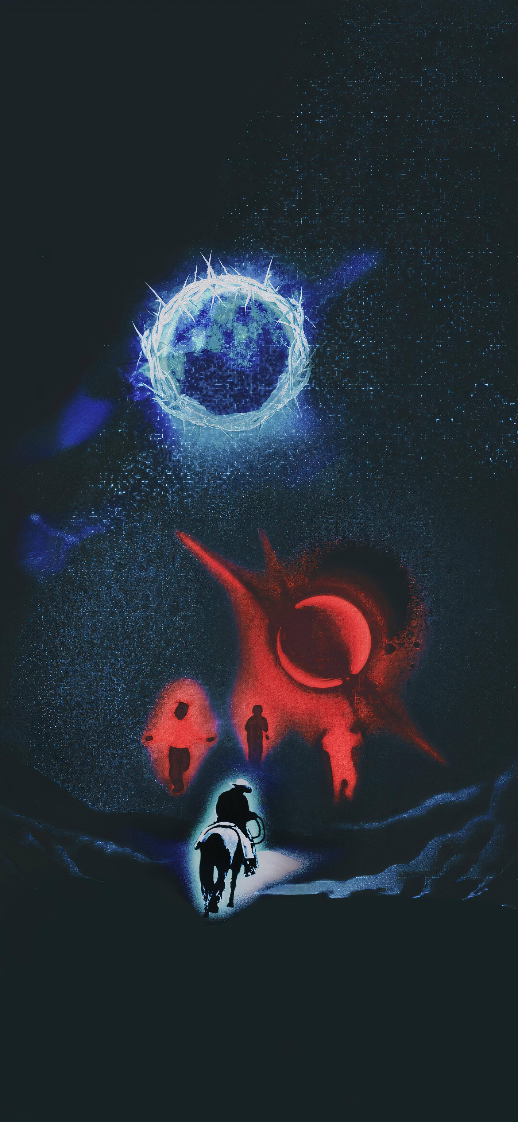 坎耶·威斯特致敬已故母親Donda 壁紙 — 剪影人物騎著馬朝向星空中發光的宇宙傳送門。