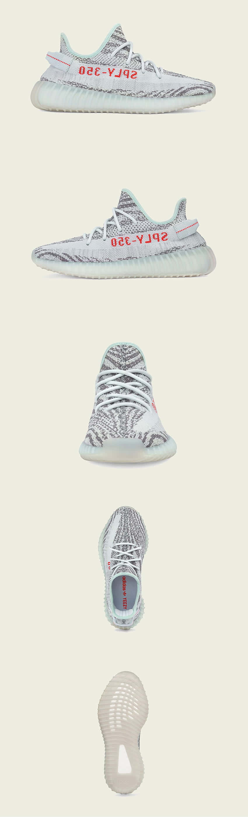 五個角度的白色灰色 Yeezy 運動鞋，在米色背景上有紅色文字。