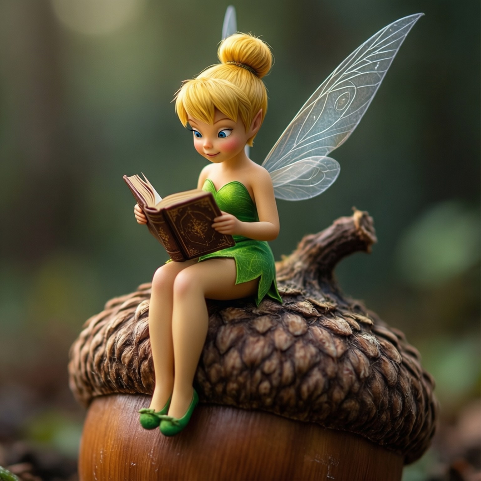 一個有翅膀的小仙子坐在橡果上，在森林裡看書