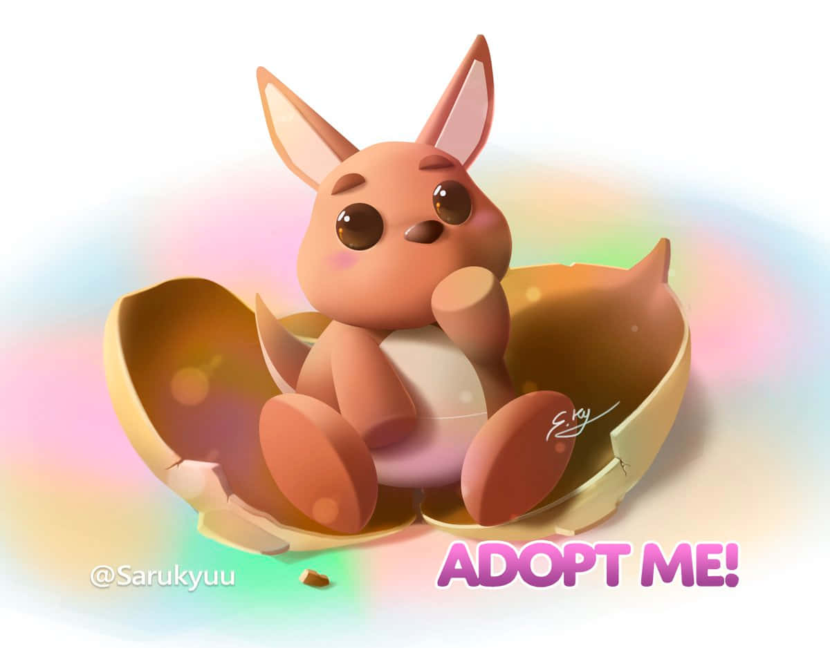 坐在蛋裡的卡通兔子，印有「Adopt Me」字樣 壁紙 — 一隻可愛的粉紅色袋鼠狀生物從裂開的蛋中出現，背後有彩虹光芒。