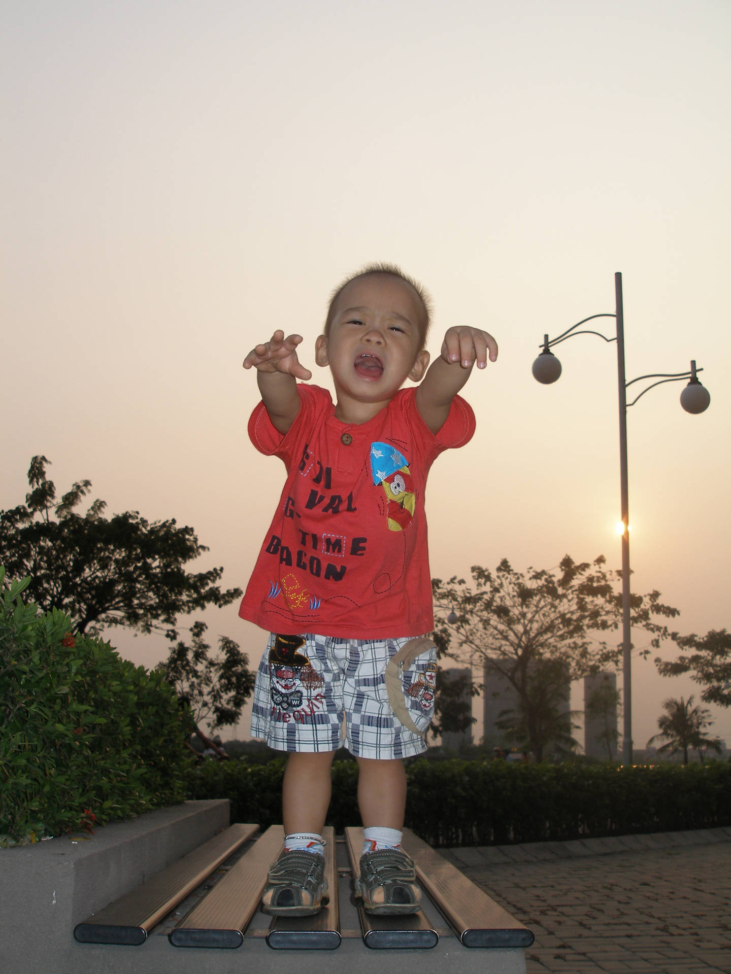 一個快樂的幼兒在日落時站在金屬條上，舉起雙臂。
