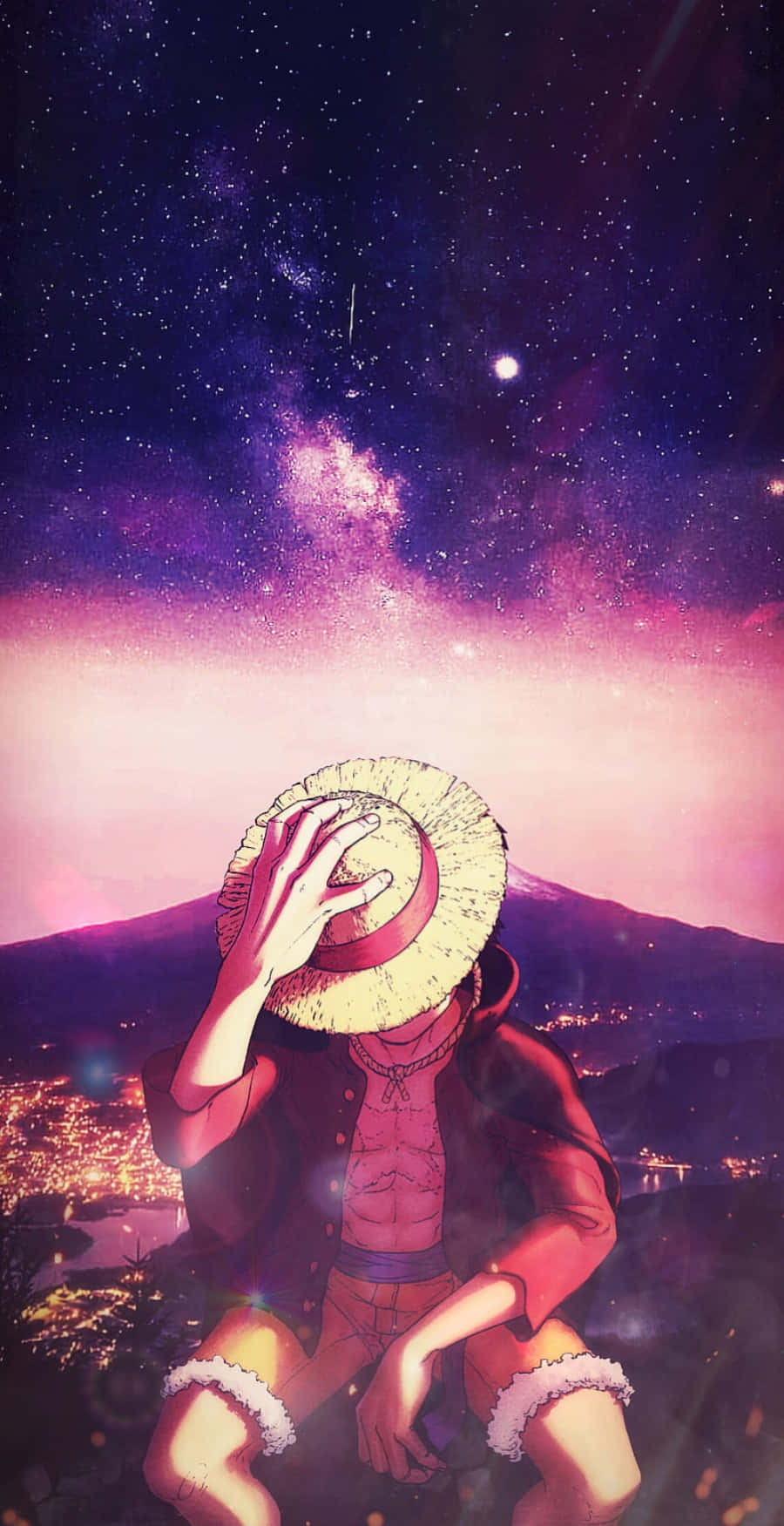 動漫海盜坐在山上，星空下，有發光的銀河。