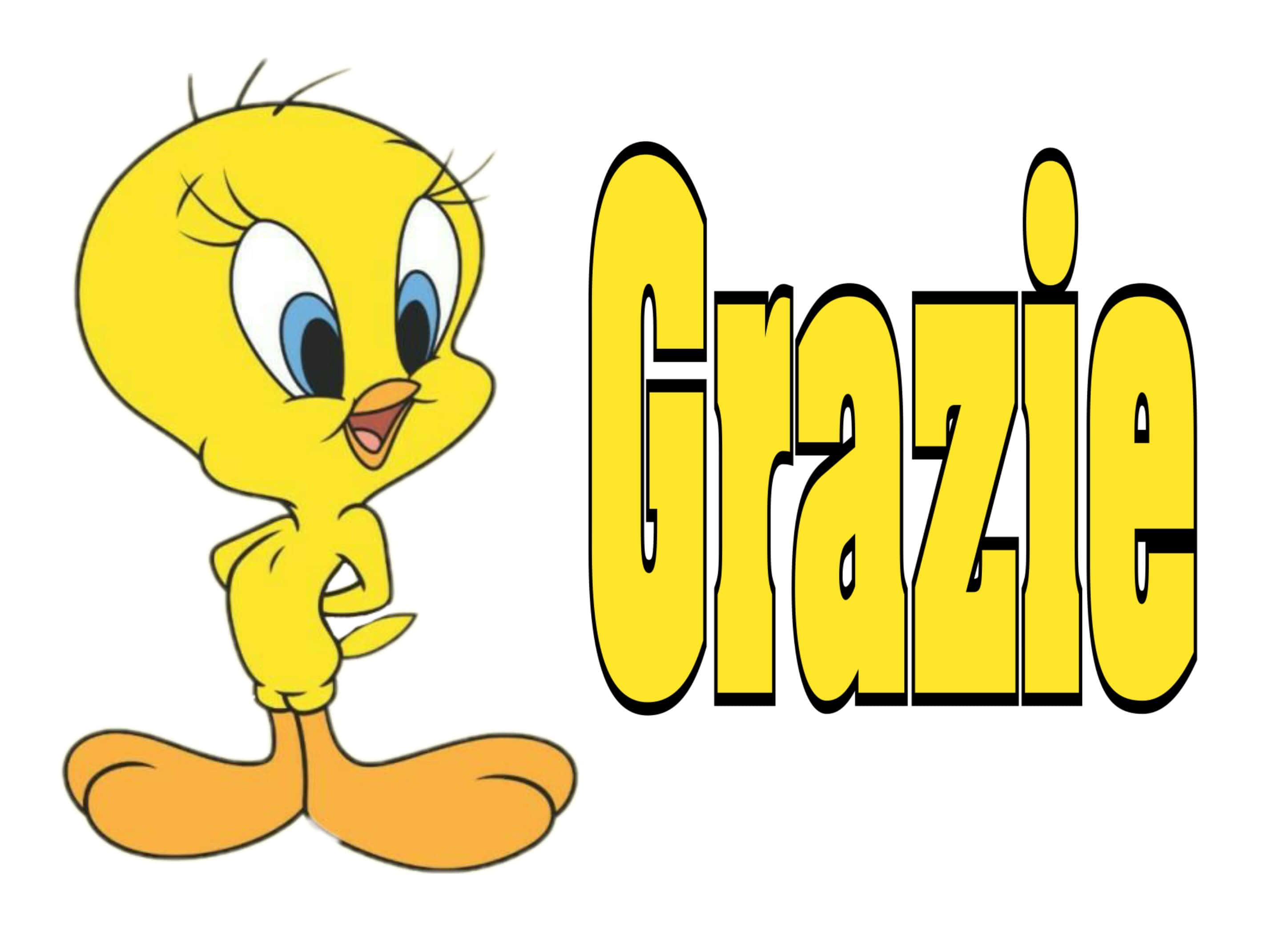 坐得端正 壁紙 — 一隻快樂的黃色卡通鳥站在粗體黃色文字「Grazie」旁邊，背景為純白色。