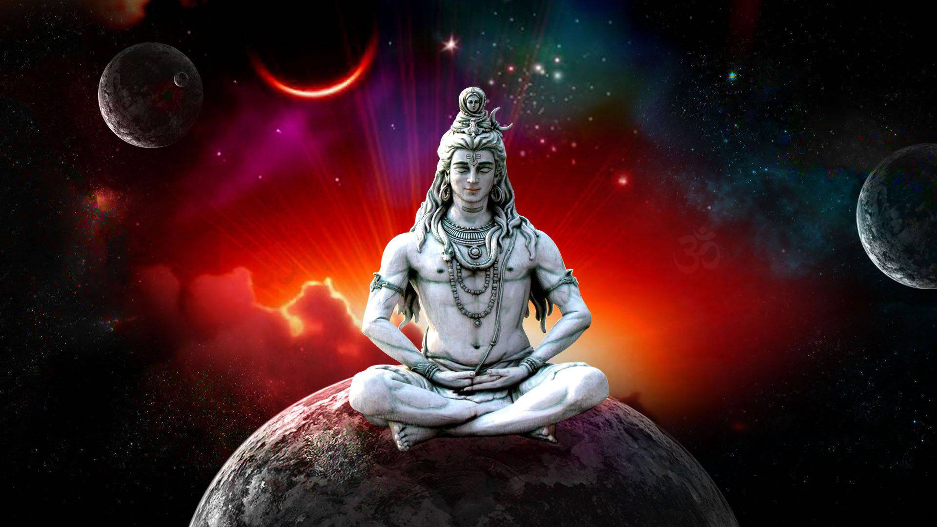 濕婆神像在月球上冥想，處於充滿活力的宇宙太空場景中。