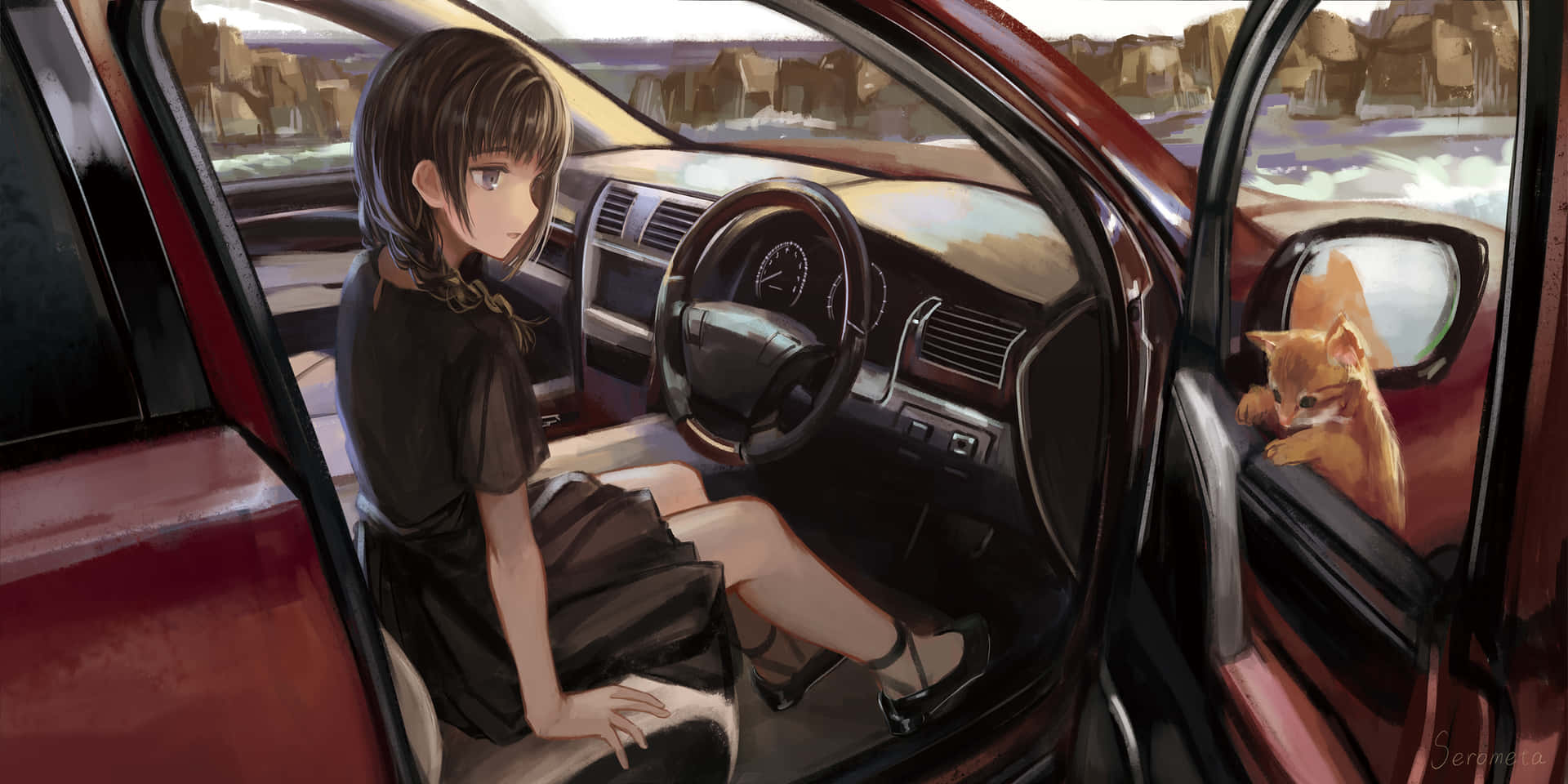 動漫女孩和貓在紅色汽車裡，沙漠日落