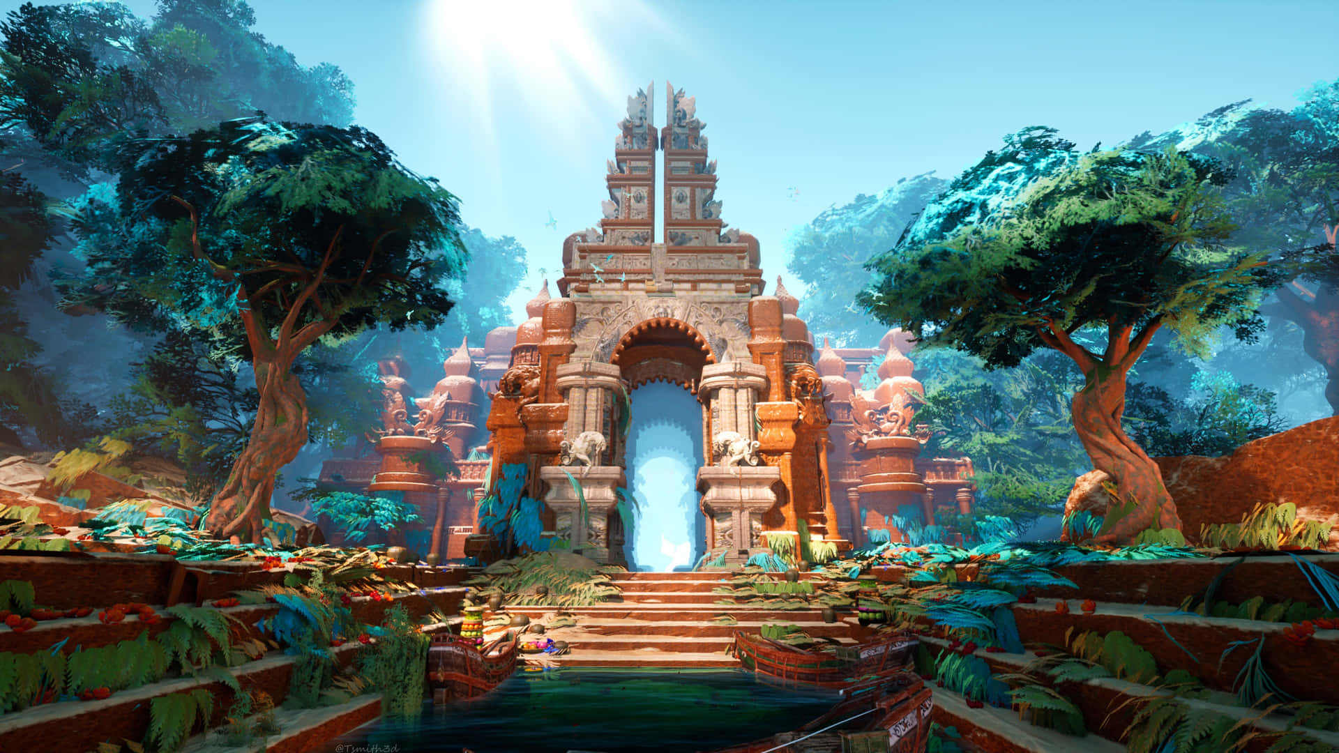 坐於陽光下，靜思這座寺廟的美 壁紙 — 一座雄偉的古廟大門矗立在茂密的叢林中，陽光從上方的樹冠傾瀉而下。