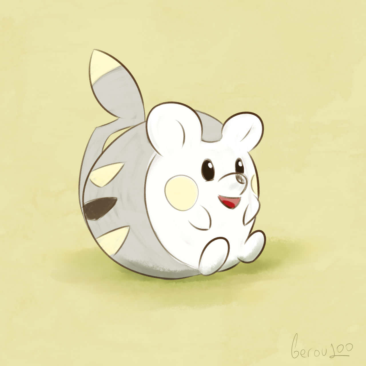 坐著的 Togedemaru 壁紙 — 一隻可愛的卡通倉鼠，帶有灰色和奶油色條紋，快樂地坐在柔軟的黃色背景上。