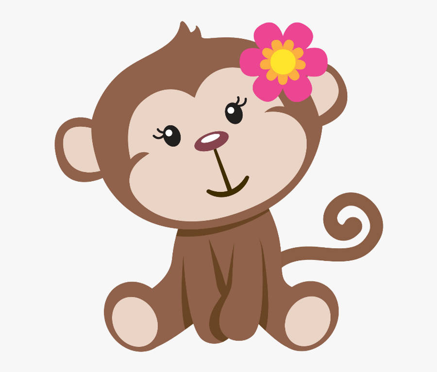 坐著的幼猴 壁紙 — 一隻可愛的卡通猴子，頭上戴著一朵粉紅色的花，閉著一隻眼睛微笑著坐著。