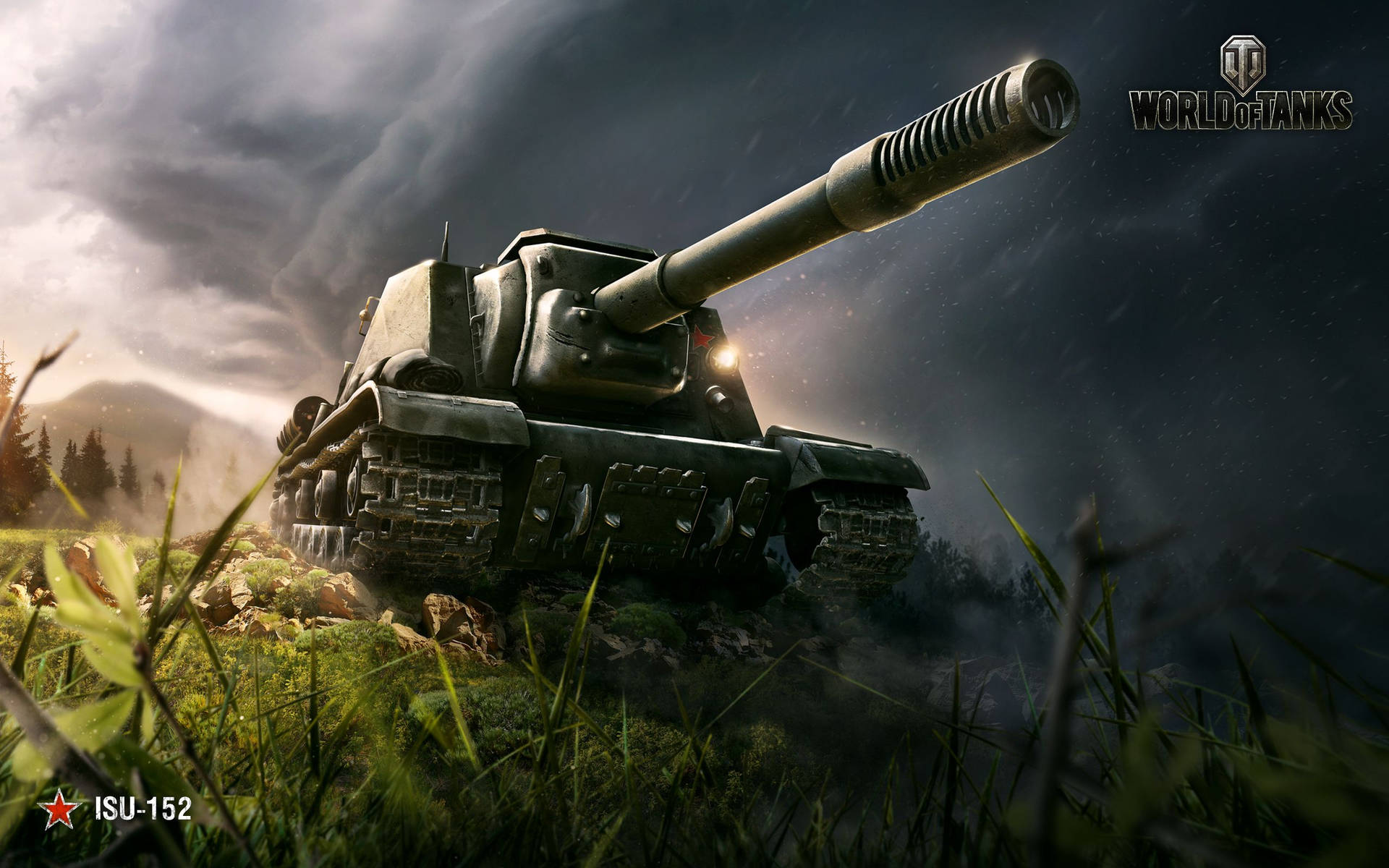 暴風雨天空下草地中的重型ISU-152自走炮