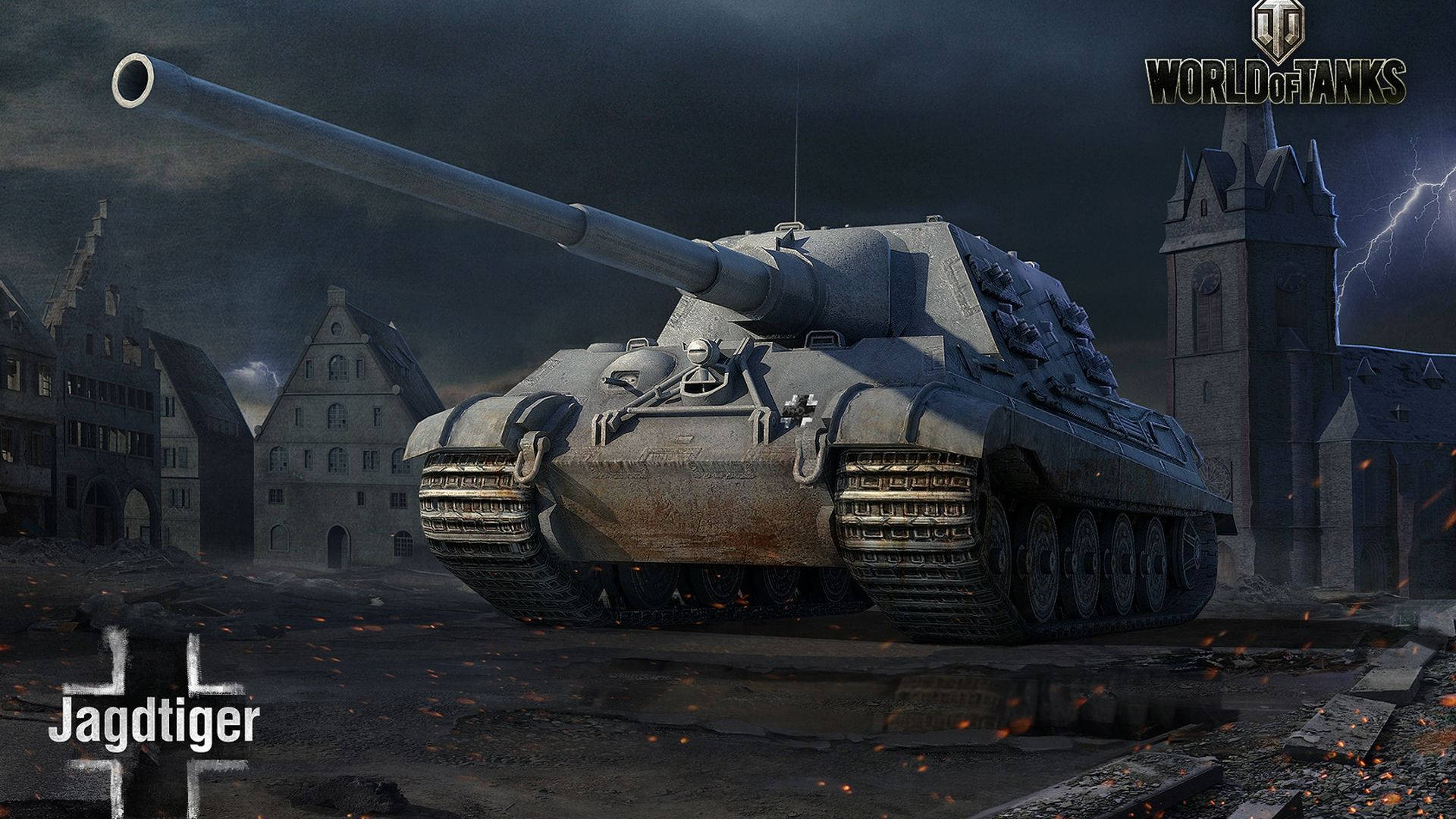 一輛 Jagdtiger 坦克在雷暴中矗立在歐洲小鎮的廢墟中。
