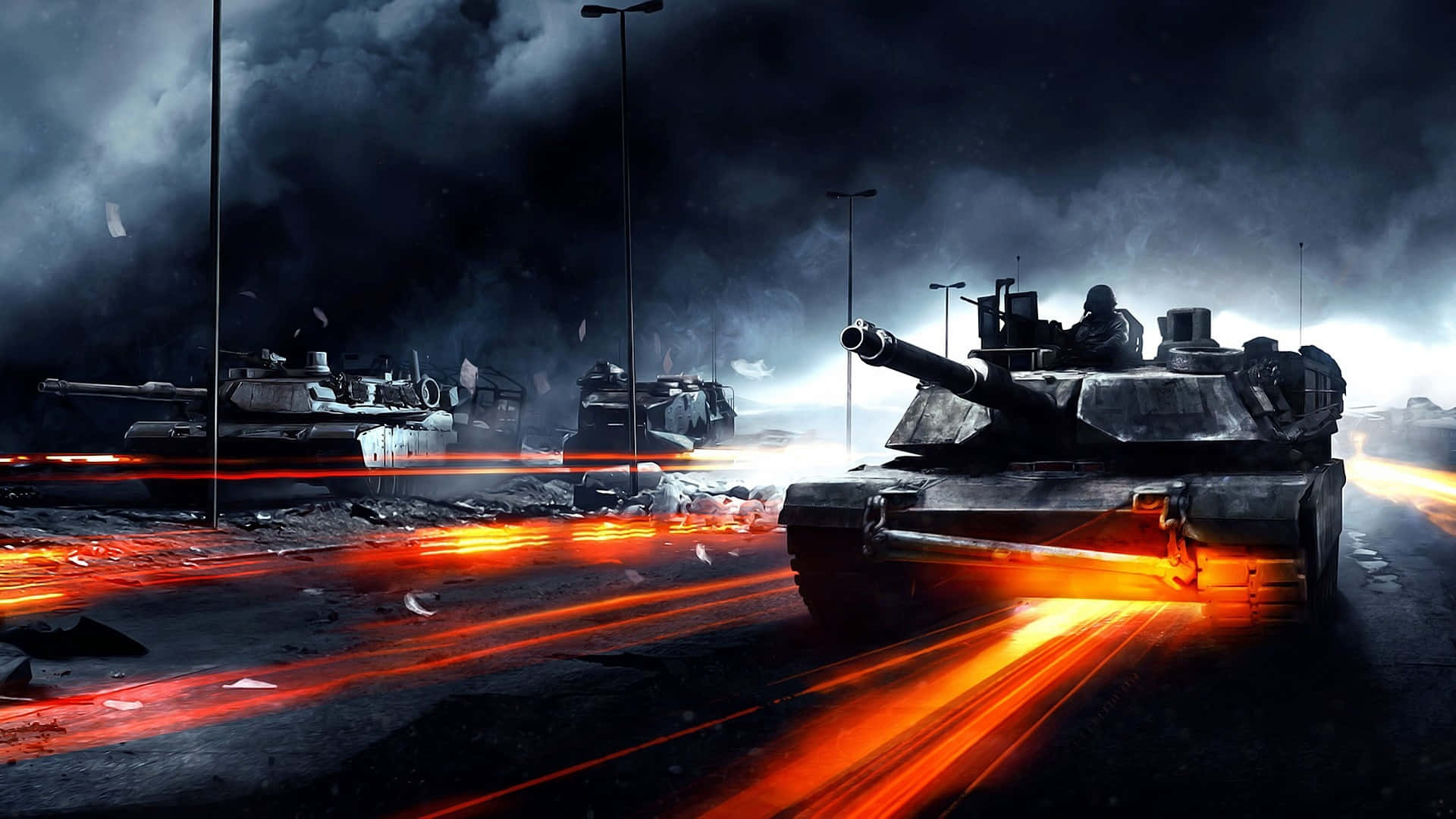 Battlefield 桌布 壁紙 — 坦克在暴風雨夜空中，穿過戰火摧殘的城市街道，火焰軌跡照亮了毀滅。