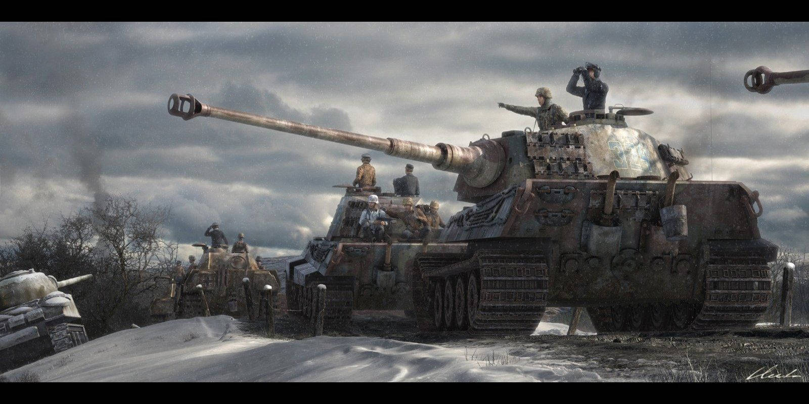 多雲天空下，雪地戰場上載有士兵的軍用戰車