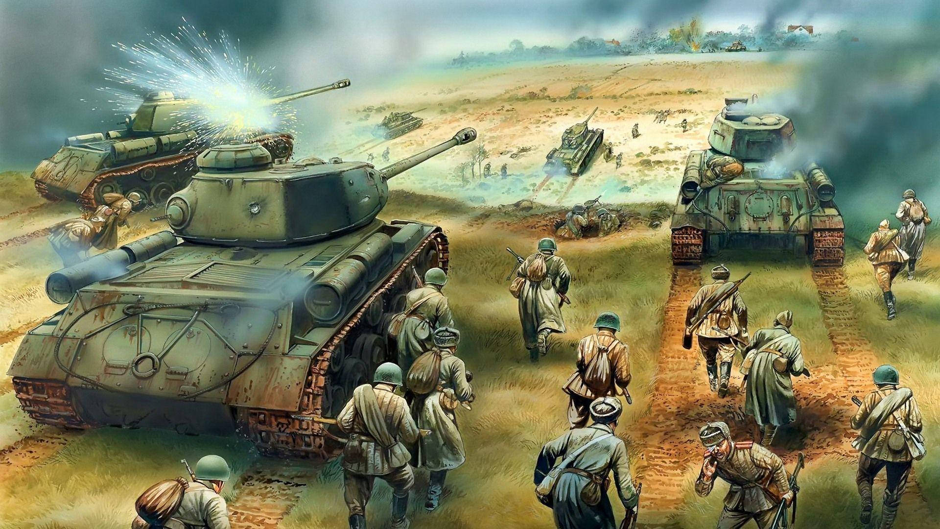 士兵和坦克在泥濘的戰場上戰鬥，伴隨著爆炸和煙霧。