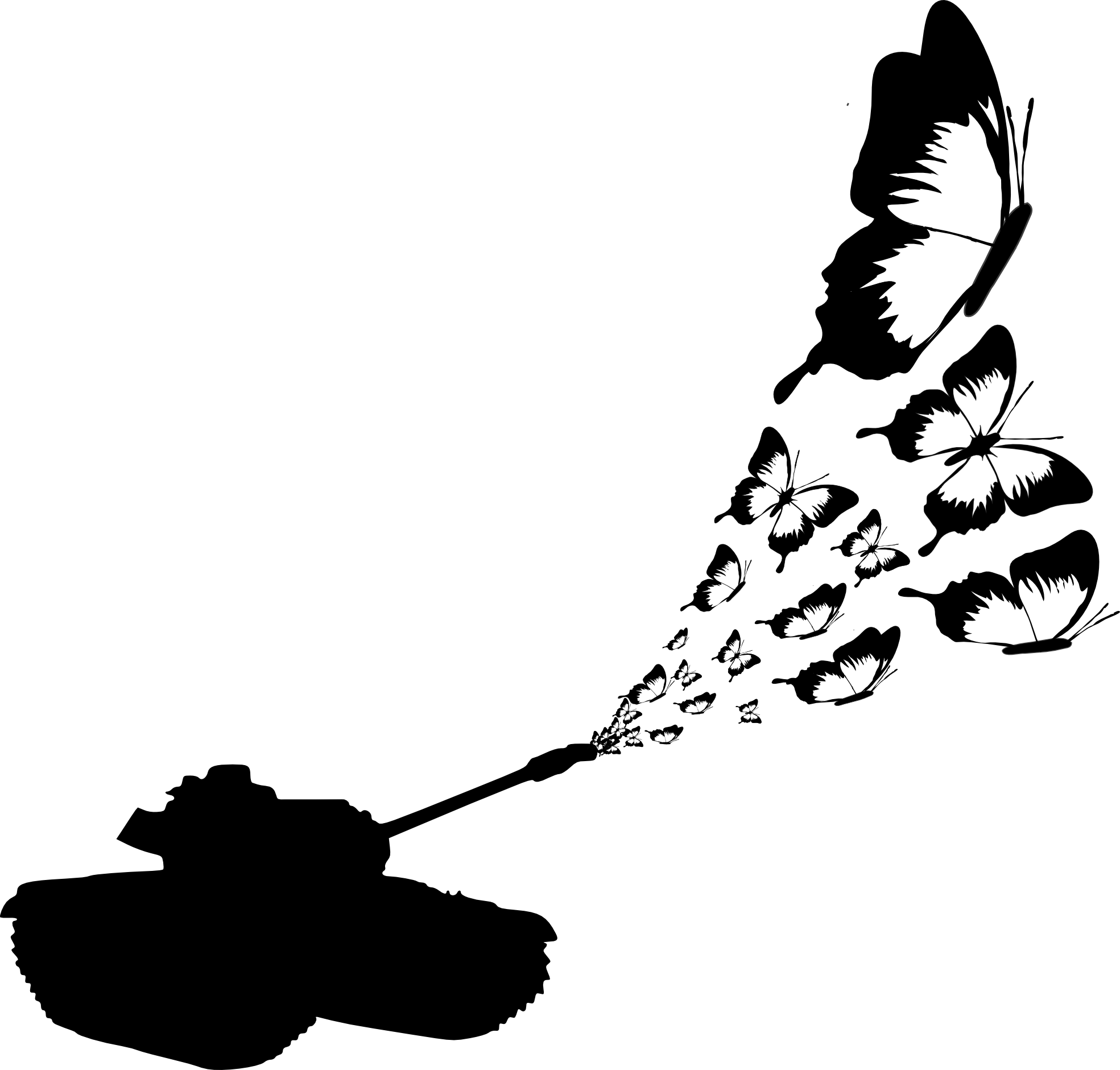 坦克變蝴蝶剪影 壁紙 — 一個清晰的黑色剪影，描繪一輛坦克向空中發射一串蝴蝶，背景為白色。