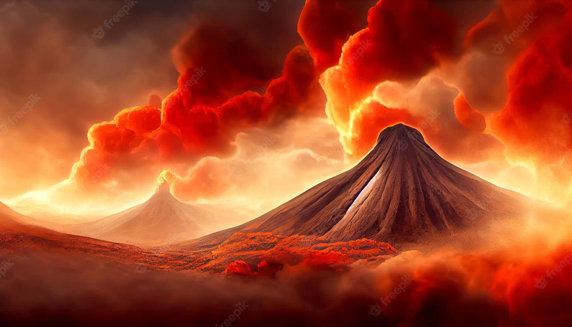 火山爆發，伴隨著火紅的雲和發光的熔岩流。