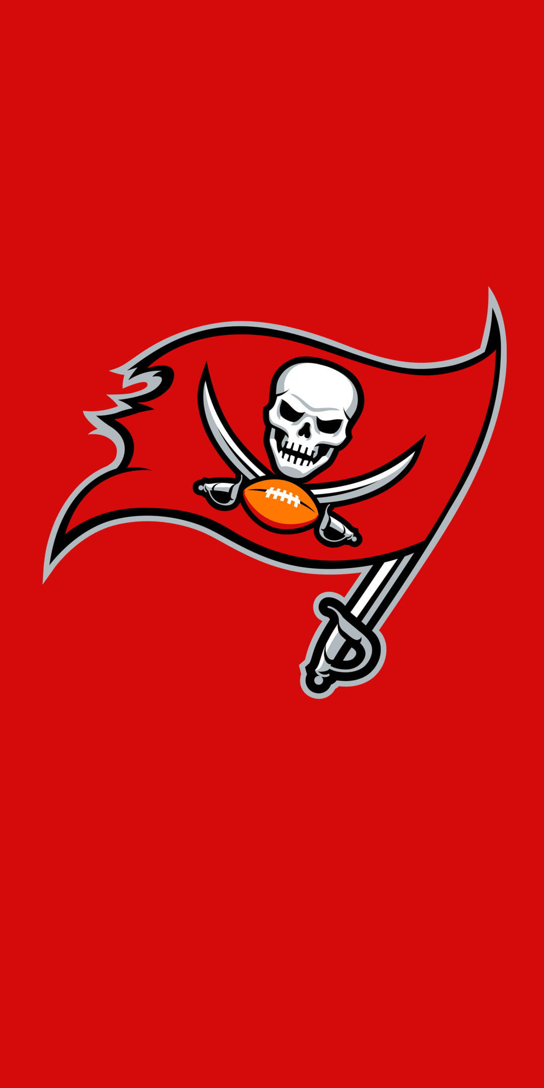 坦帕灣海盜隊 NFL 隊徽旗幟 壁紙 — 一個大膽的坦帕灣海盜隊標誌，帶有骷髏頭、交叉的劍和一個足球，背景是鮮豔的紅色。