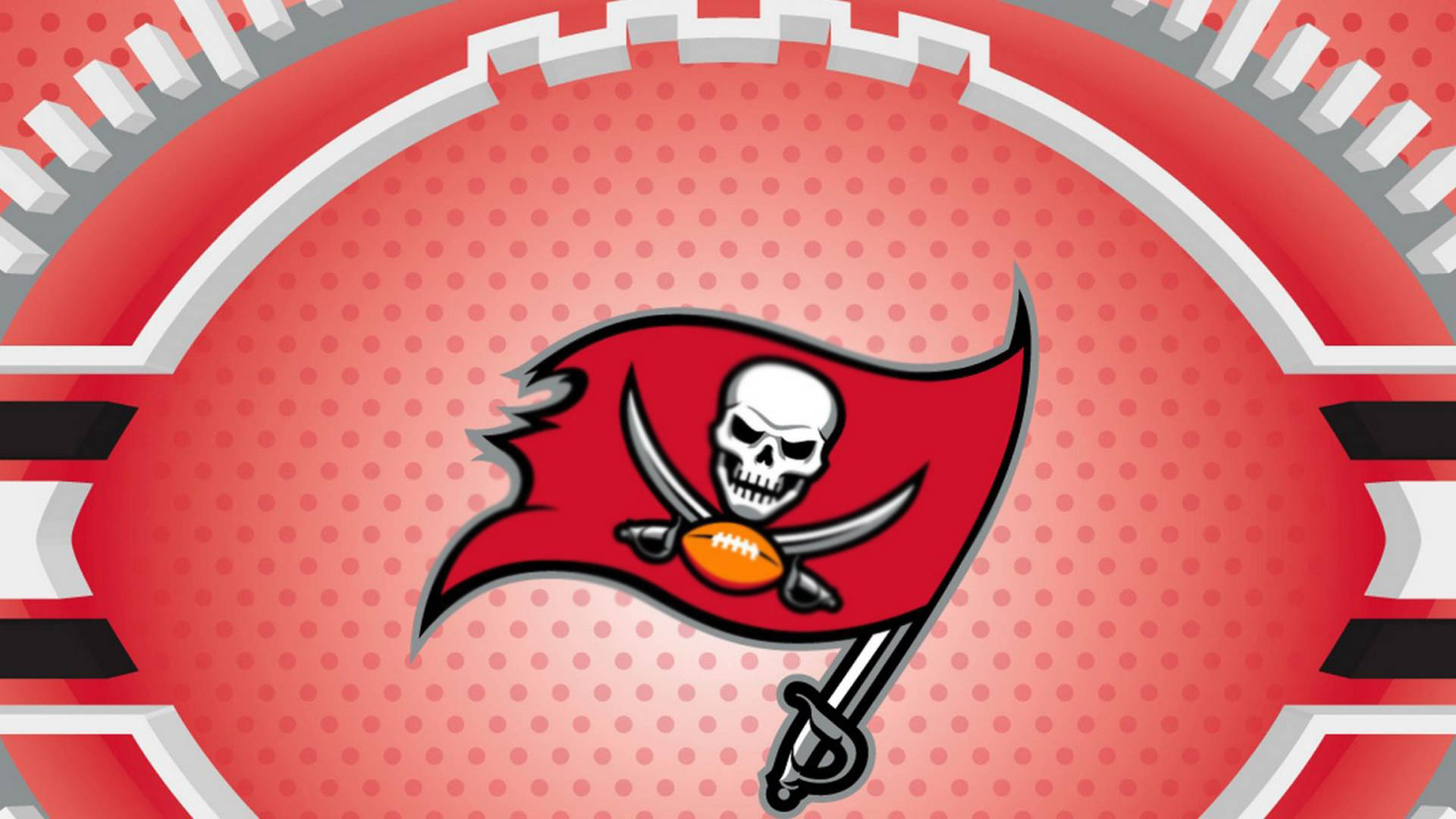 坦帕灣海盜隊NFL 2021隊徽 壁紙 — 坦帕灣海盜隊標誌，帶有骷髏頭、交叉劍和足球，位於紅色紋理背景上，由體育場風格的拱門框起。