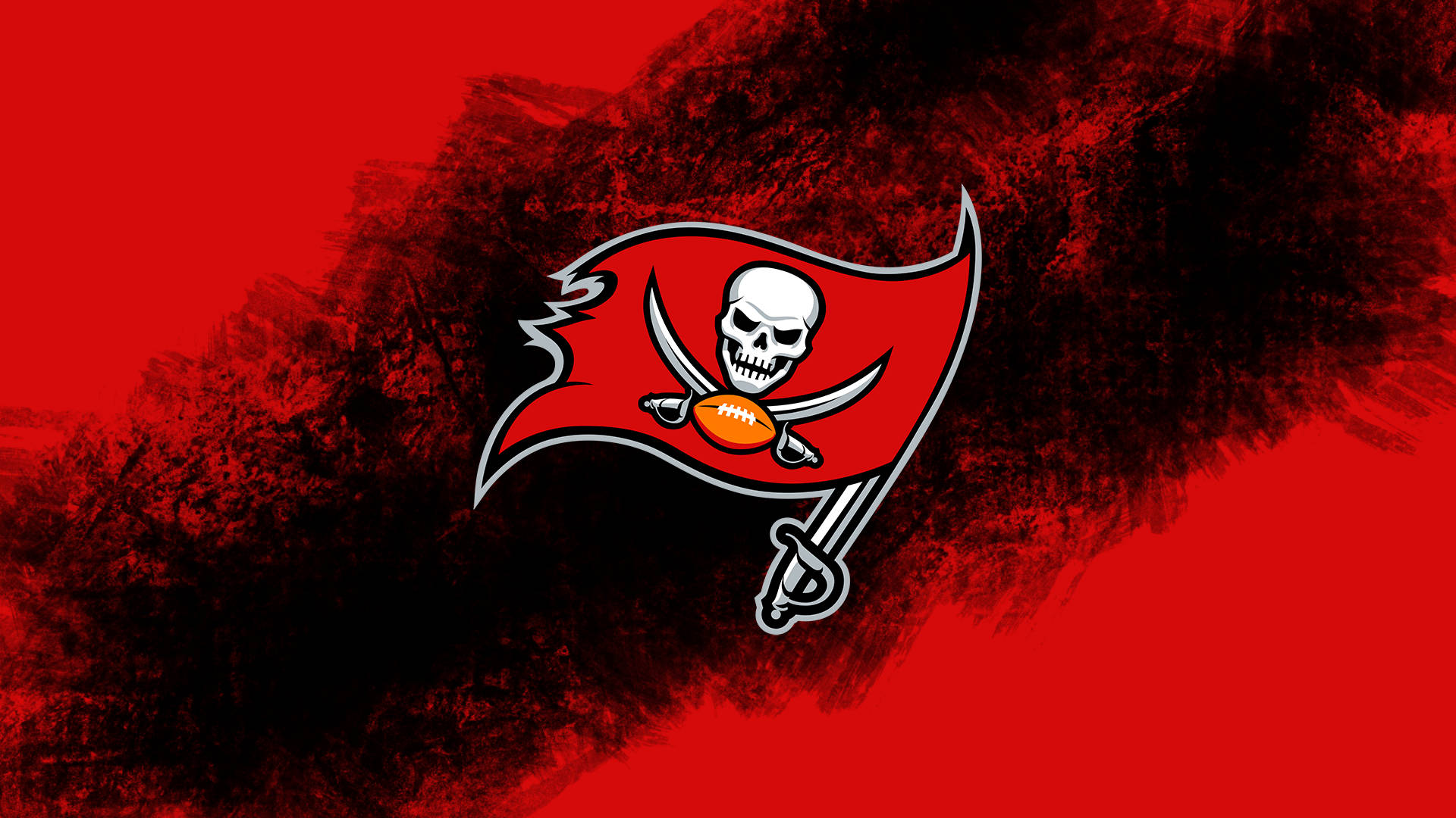NFL 桌布 壁紙 — 坦帕灣海盜隊標誌，帶有骷髏頭、劍和橄欖球，背景為紅色和黑色筆觸。