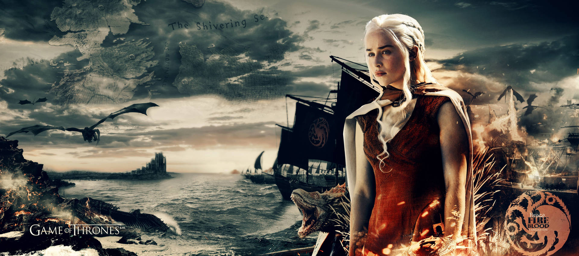 Daenerys Targaryen 與龍在風暴海洋和遠處城堡之上