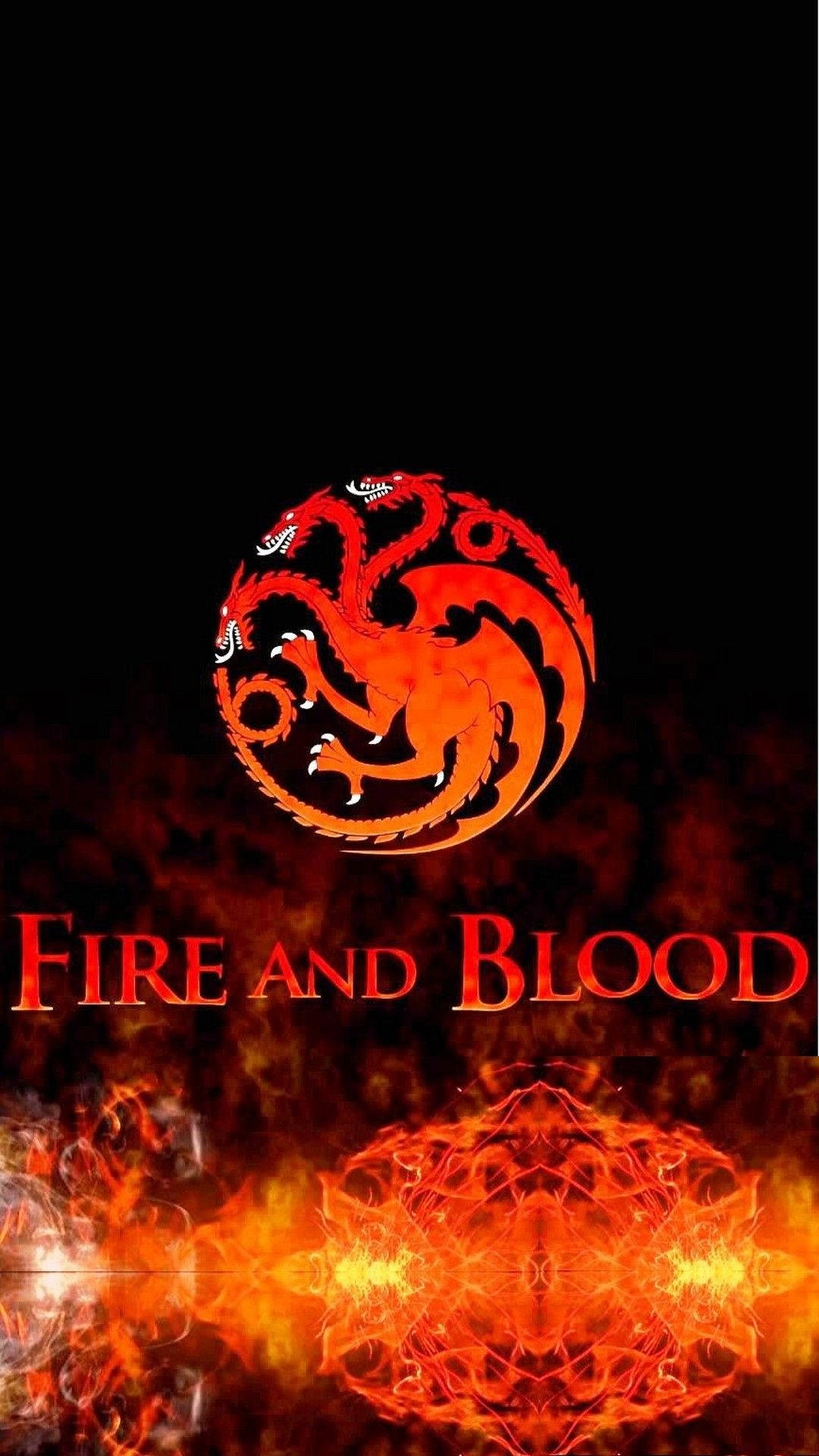 一個發光的紅色三頭龍徽章，帶有火焰和文字 Fire and Blood。