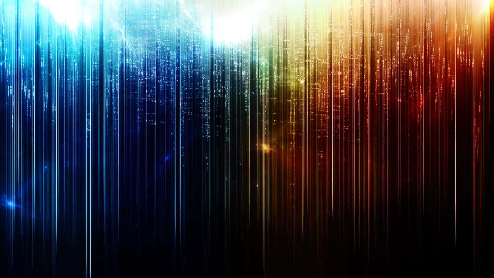 壁紙 — 垂直光線在黑暗背景上從冷藍色過渡到暖橙色，並帶有發光粒子。